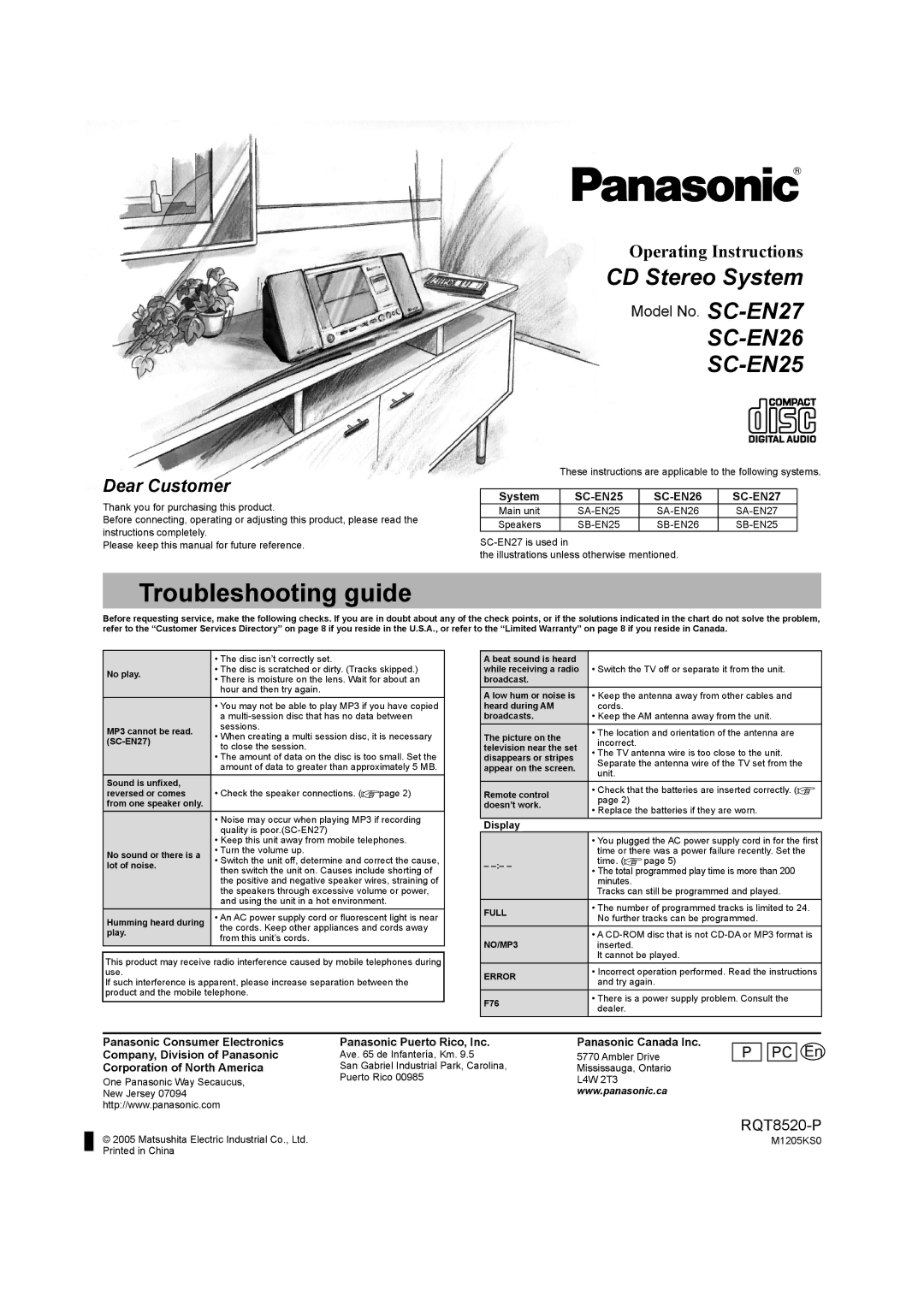 Panasonic warranty Troubleshooting guide, System, SC-EN25 SC-EN26 SC-EN27, Corporation of North America, Display 