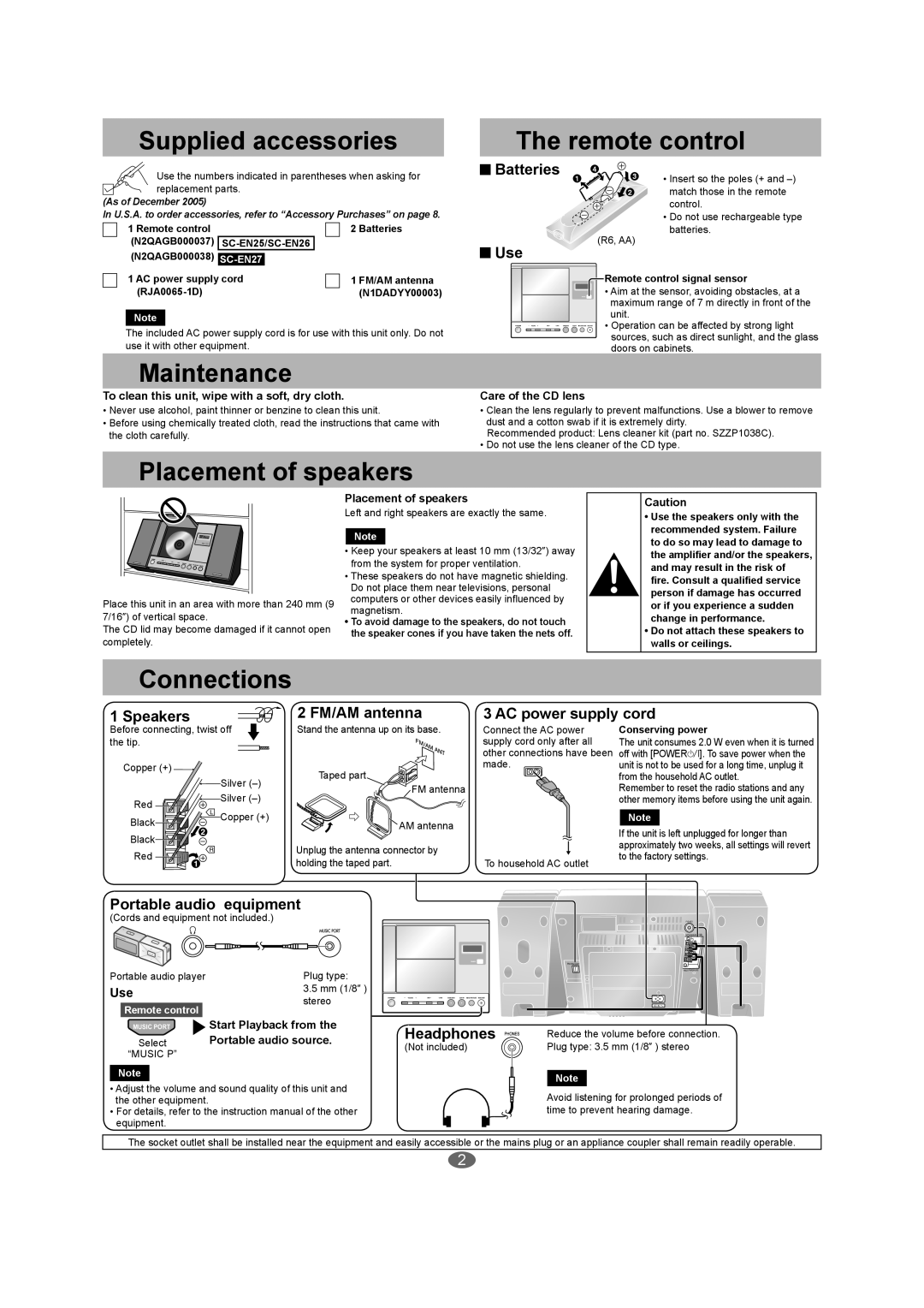 Panasonic SC-EN27, SC-EN26 warranty Supplied accessories, Maintenance, Remote control, Placement of speakers, Connections 