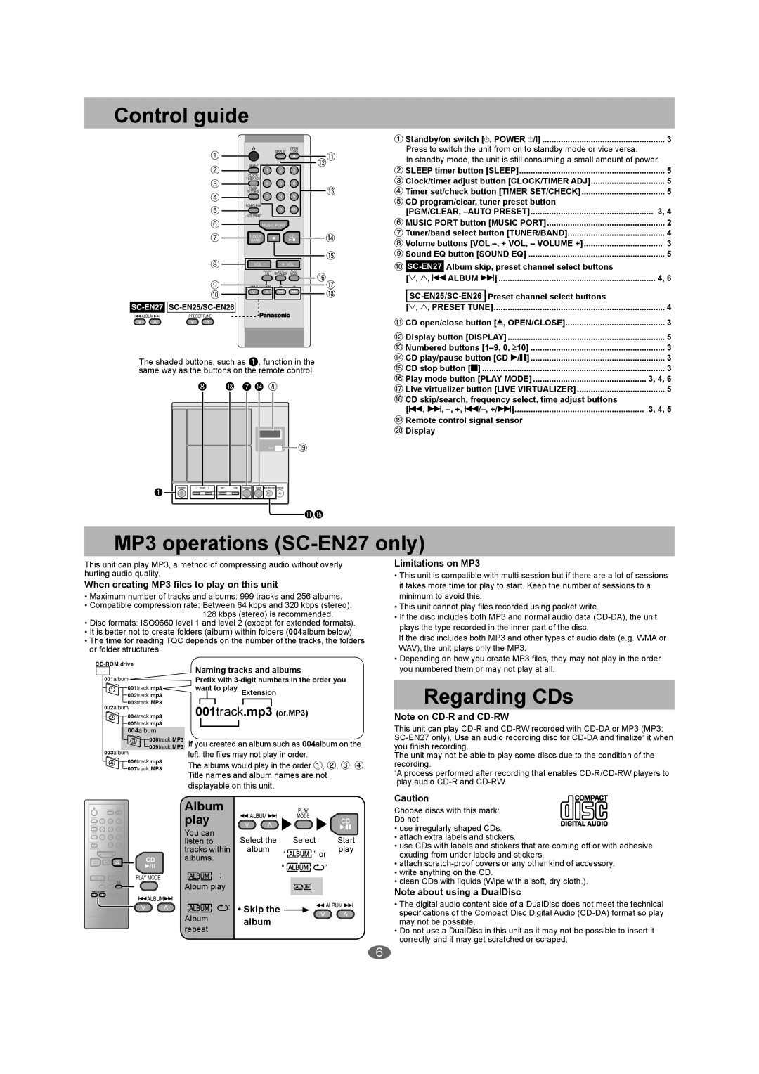 Panasonic SC-EN26 warranty Control guide, MP3 operations SC-EN27 only, Regarding CDs 