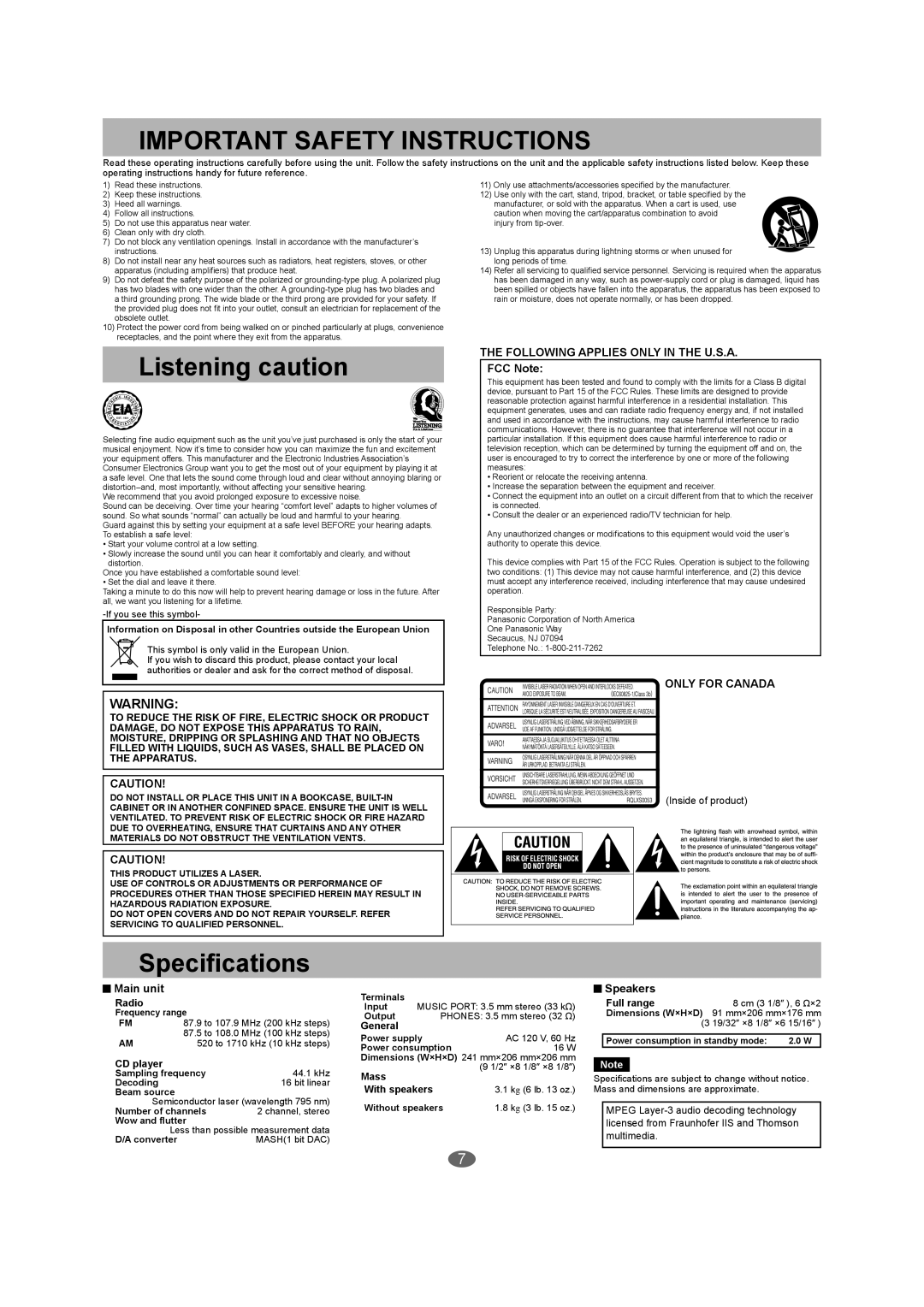 Panasonic SC-EN26, SC-EN27 warranty Listening caution, Speciﬁcations, Following Applies only in the U.S.A, Only for Canada 