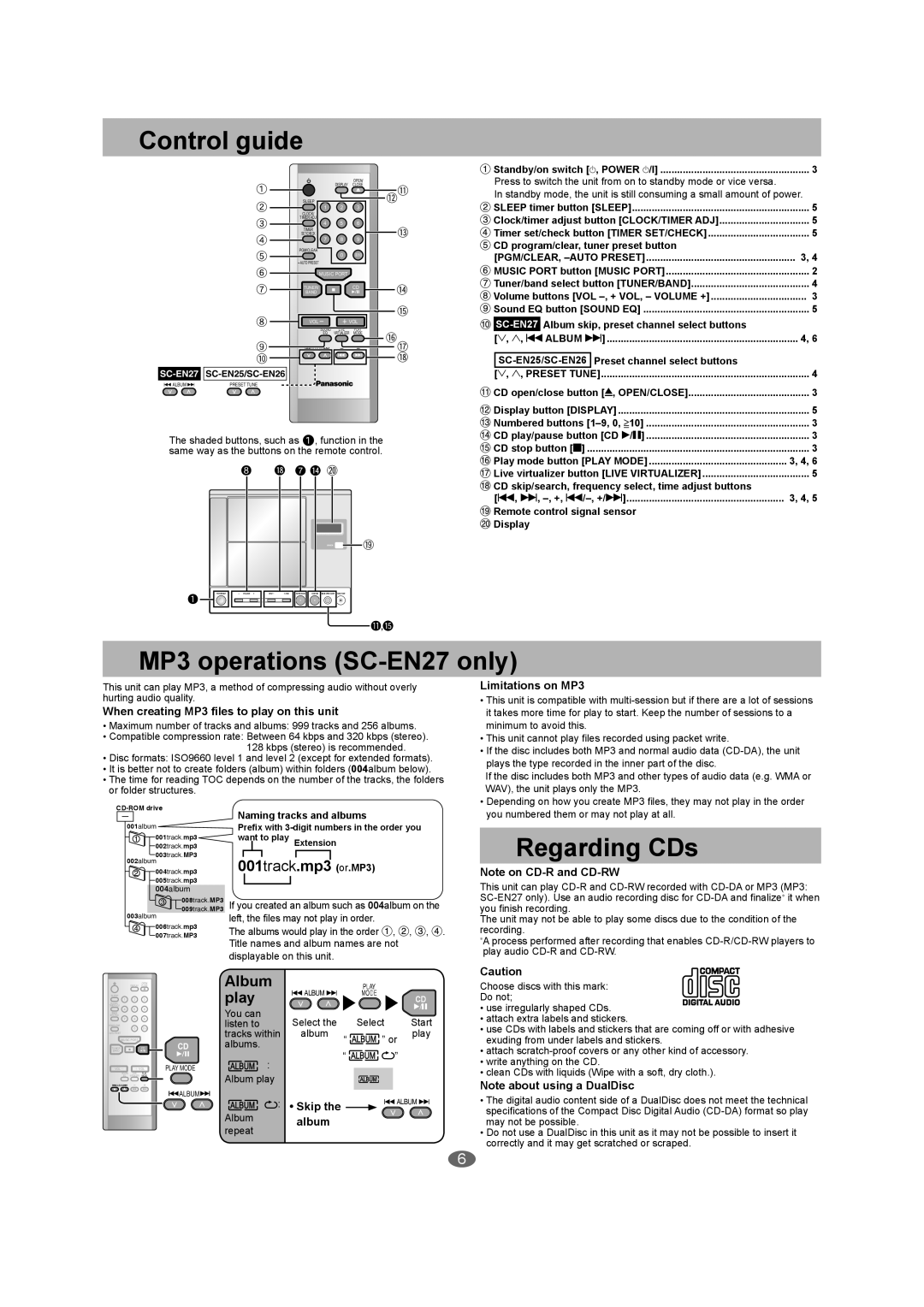 Panasonic Control guide, MP3 operations SC-EN27only, Regarding CDs, 001track.mp3 or.MP3, Album, play, Skip the, album 