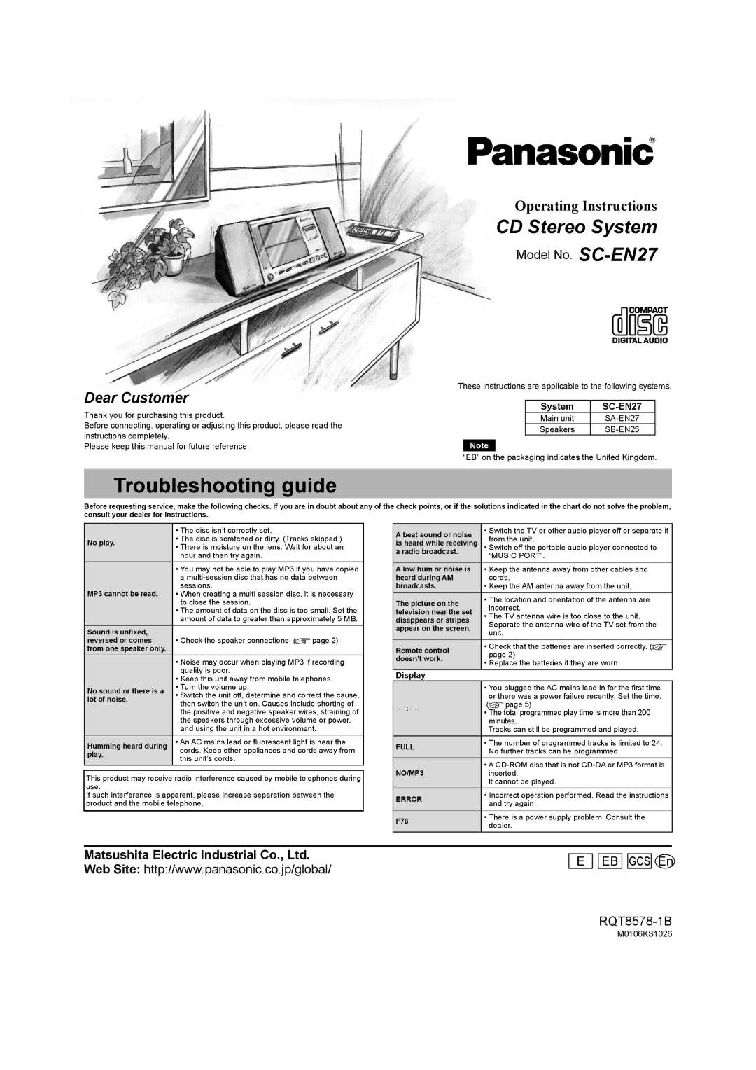 Panasonic manual Troubleshooting guide, System SC-EN27, These instructions are applicable to the following systems 