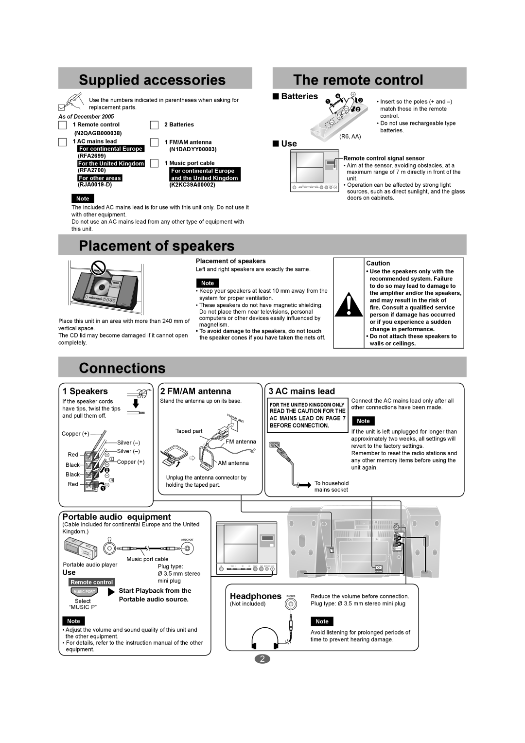 Panasonic SC-EN27 manual Supplied accessories, Remote control, Placement of speakers, Connections, Batteries 