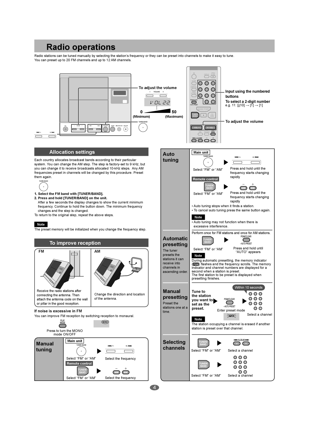 Panasonic SC-EN27 manual Radio operations, Allocation settings, To improve reception 