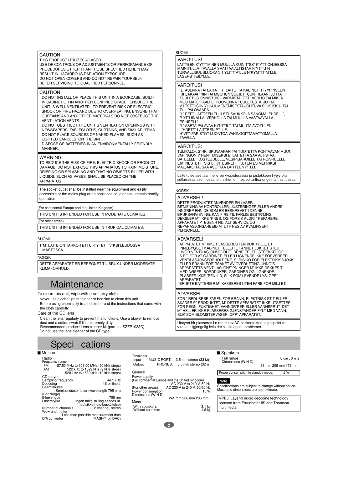 Panasonic SC-EN27 manual Maintenance, Speciﬁcations 