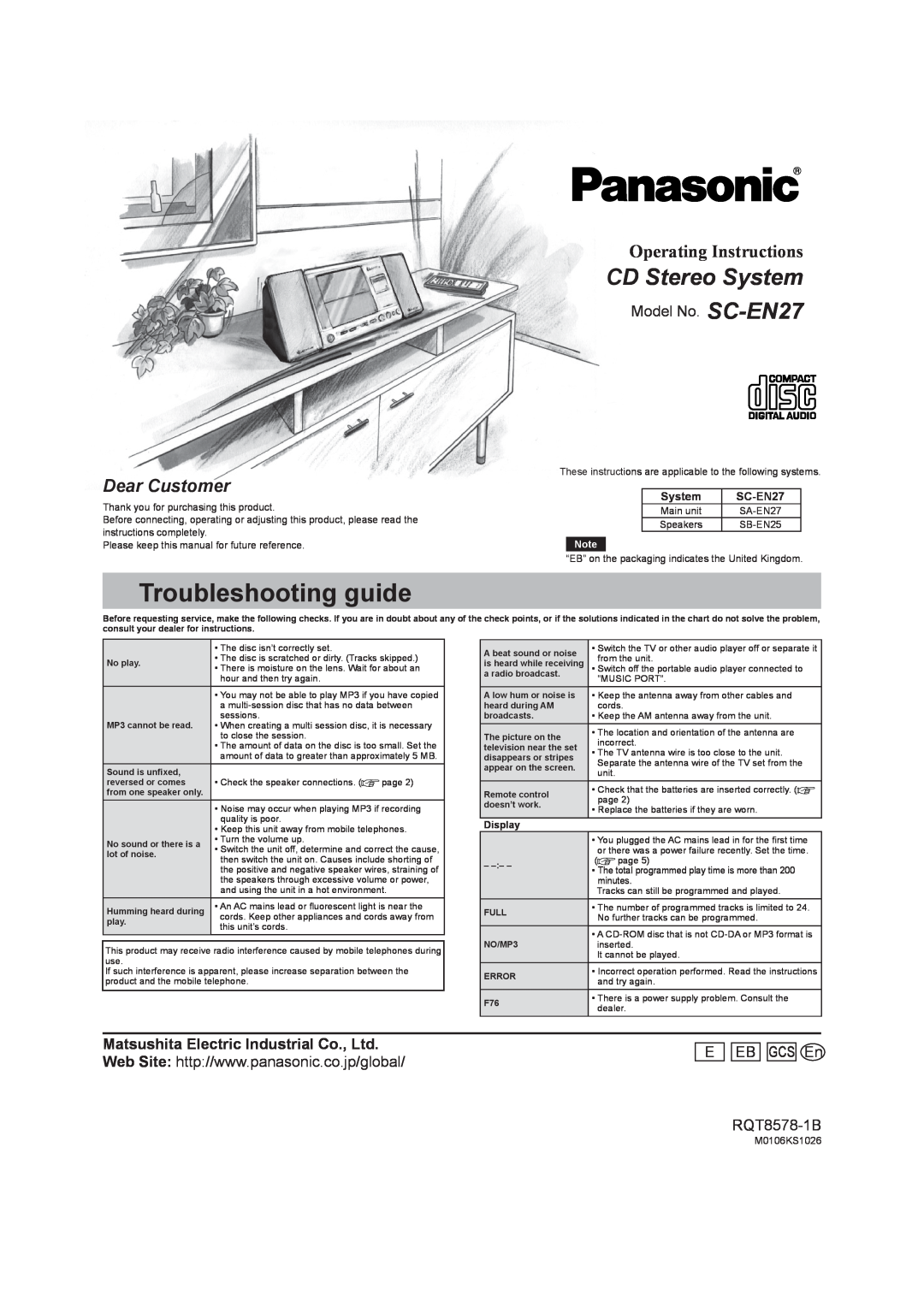 Panasonic manual Troubleshooting guide, CD Stereo System, Operating Instructions, Model No. SC-EN27, EB GCS En 