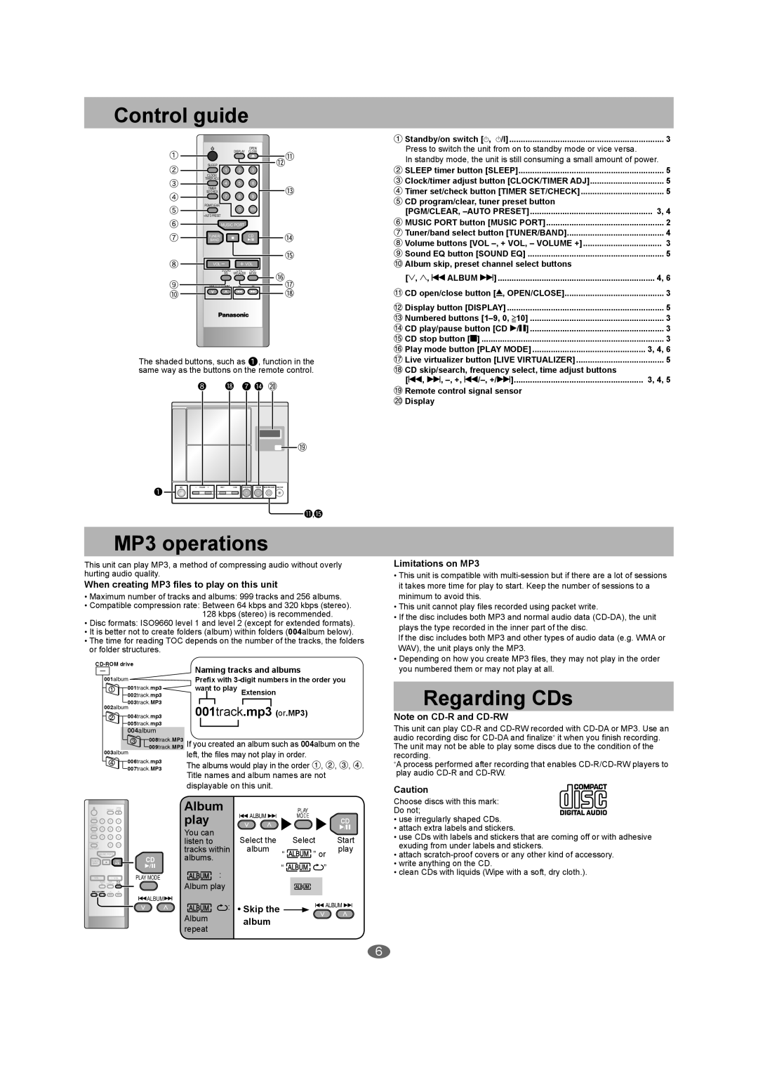 Panasonic SC-EN27 manual Control guide, MP3 operations, Regarding CDs, 001track.mp3 or.MP3, Album, play, Limitations on MP3 