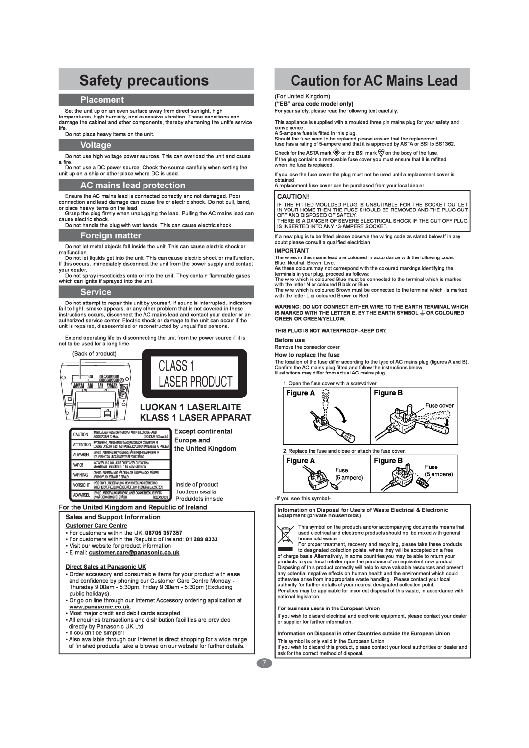 Panasonic SC-EN27 Safety precautions, Placement, Voltage, AC mains lead protection, Foreign matter, Service, Figure A 