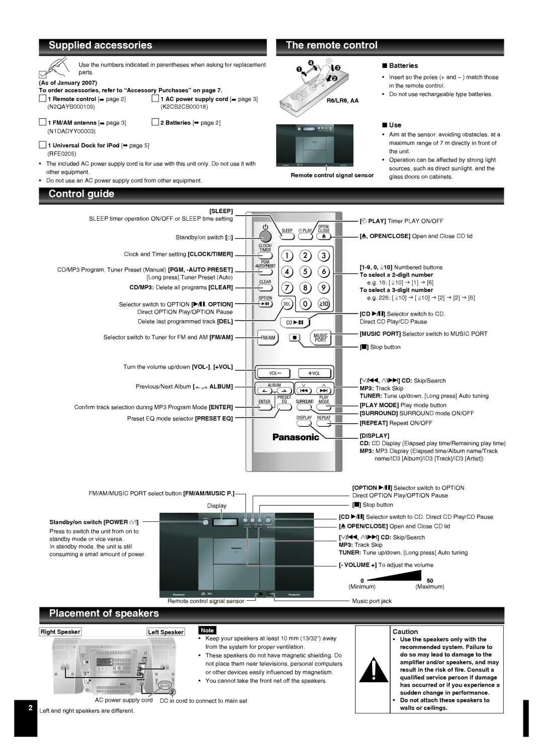 Panasonic SC-EN37 manual Supplied accessories, Remote control, Control guide, Placement of speakers, Batteries 