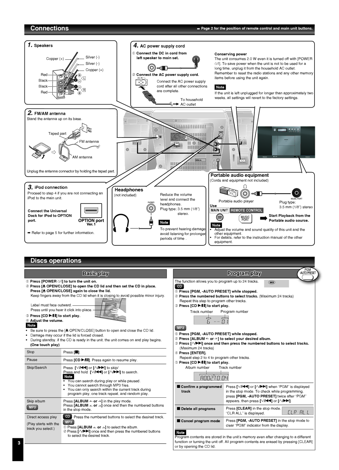 Panasonic SC-EN37 manual Connections, Discs operations, Basic play, Headphones, Portable audio equipment 