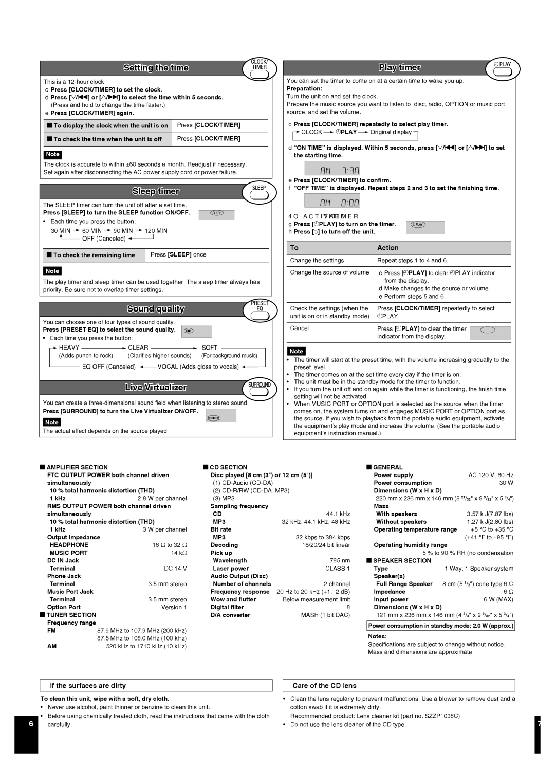 Panasonic SC-EN37 manual Timers and others, Speciﬁcations 