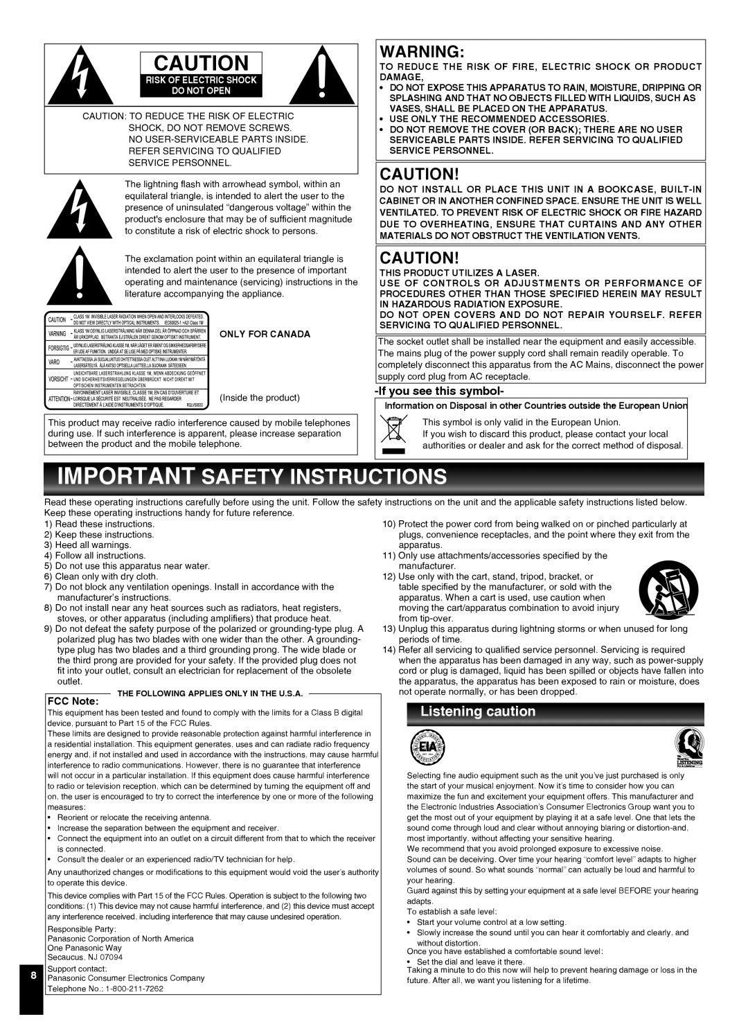 Panasonic SC-EN37 manual Listening caution, If you see this symbol, FCC Note, Following Applies only in the U.S.A 