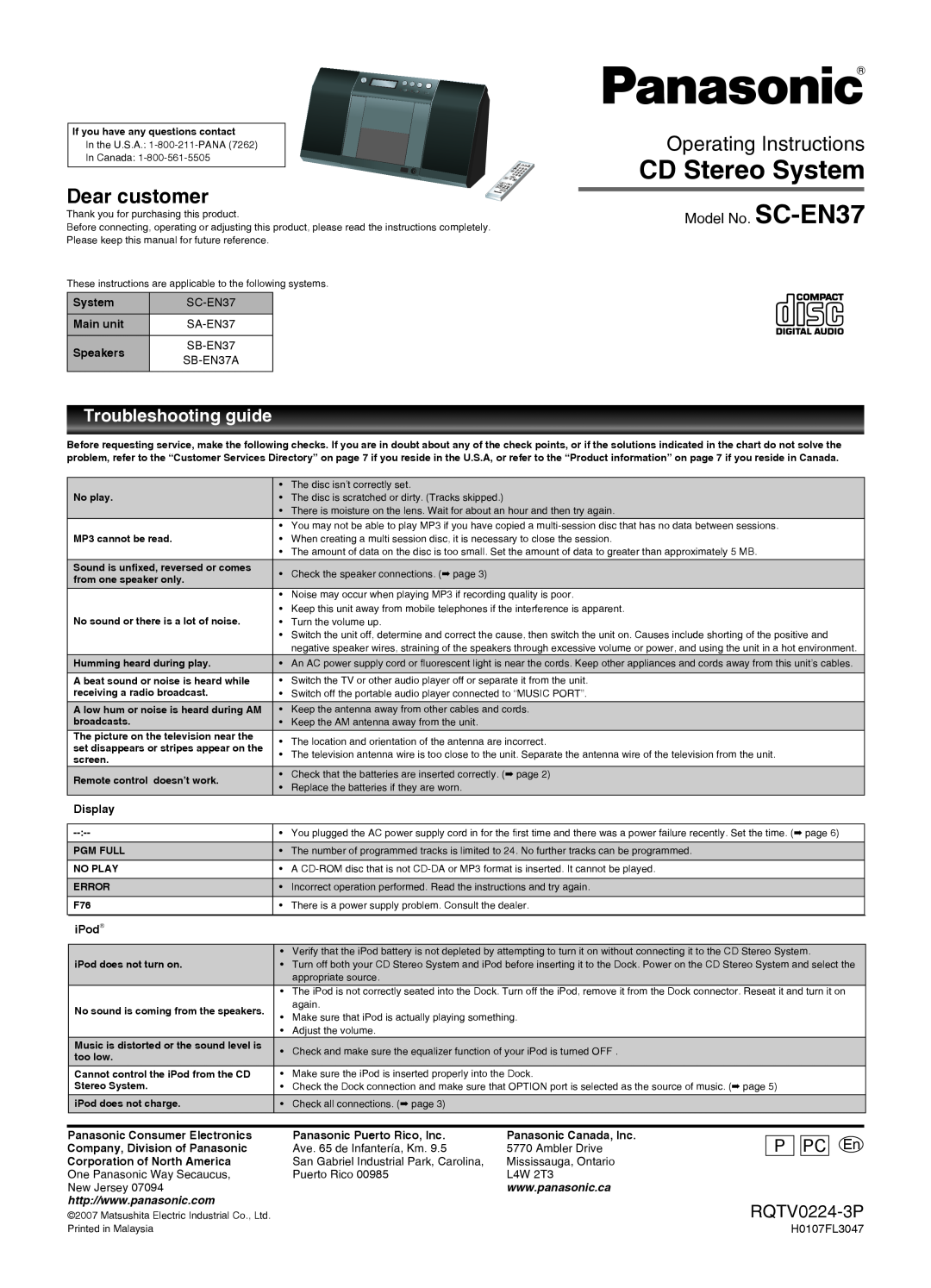 Panasonic manual Troubleshooting guide, CD Stereo System, Operating Instructions, RQTV0224-3P, Model No. SC-EN37 