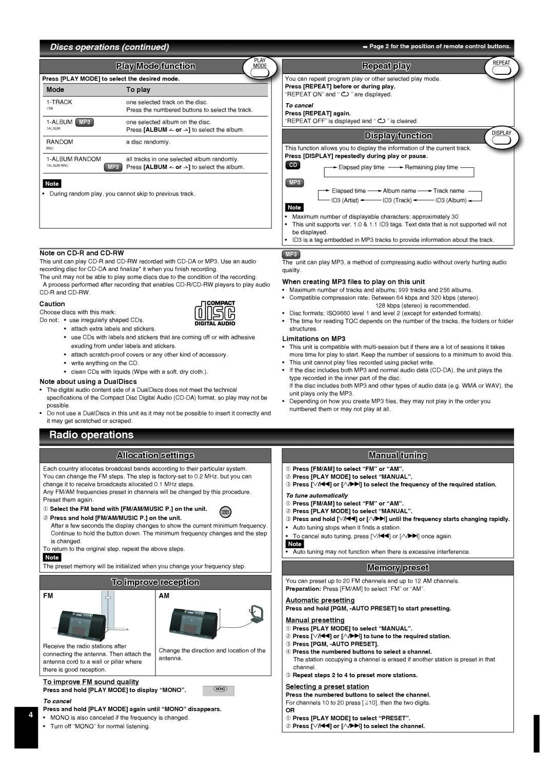 Panasonic SC-EN37 manual Radio operations, Play Mode function, Display function, Allocation settings, To improve reception 