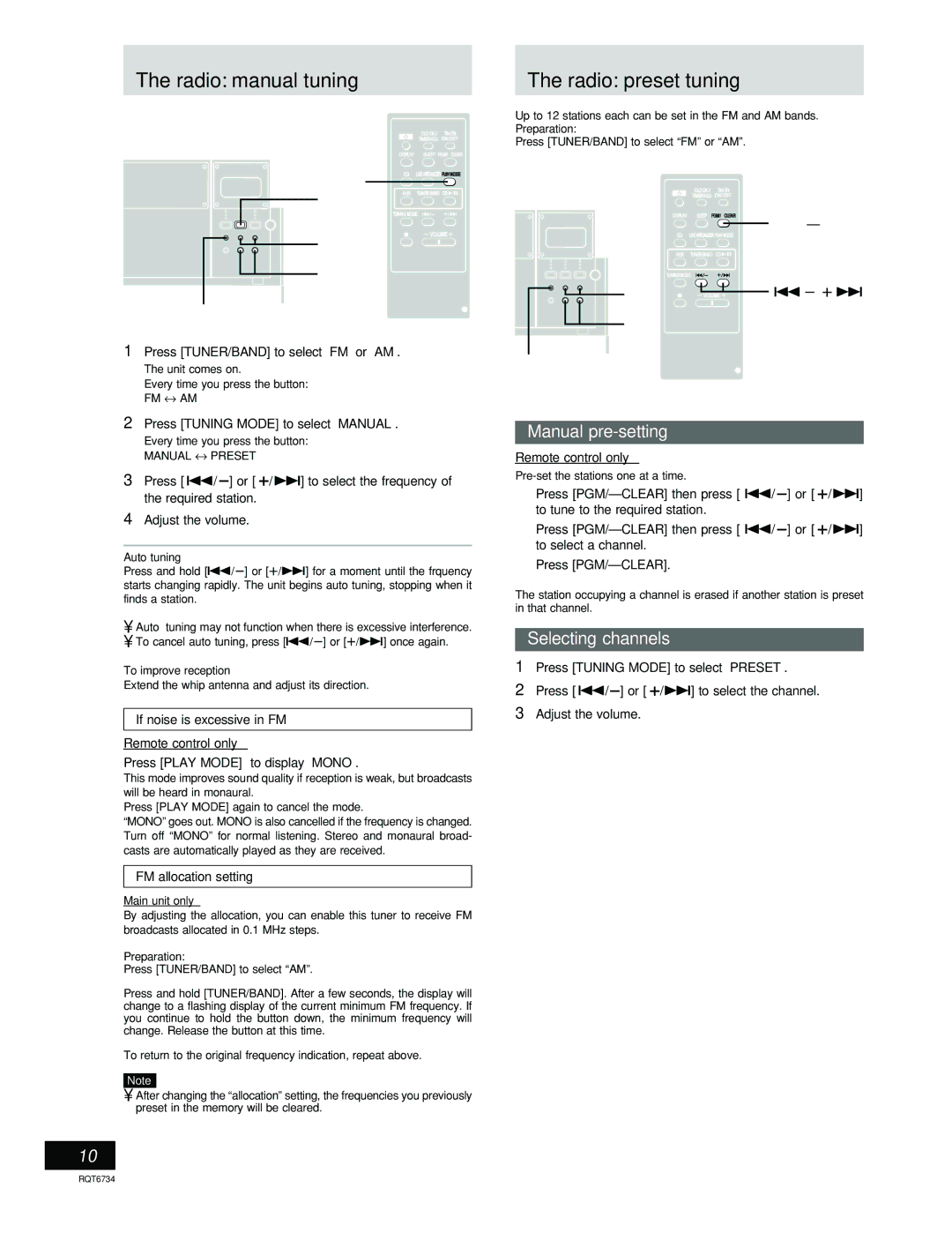 Panasonic SC-EN53 Radio manual tuning, Radio preset tuning, Manual pre-setting, Selecting channels 