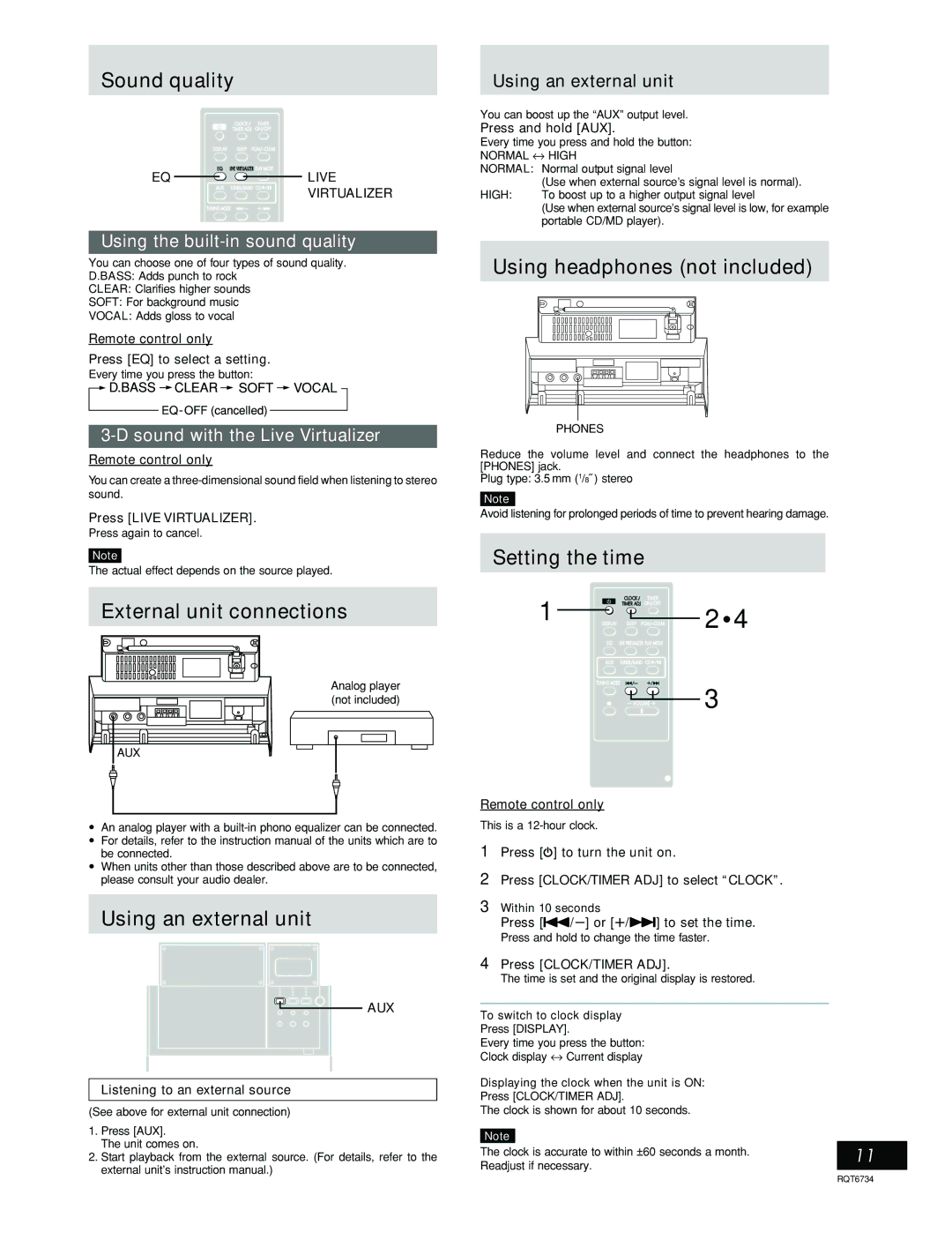 Panasonic SC-EN53 manual Sound quality, External unit connections, Using an external unit, Using headphones not included 