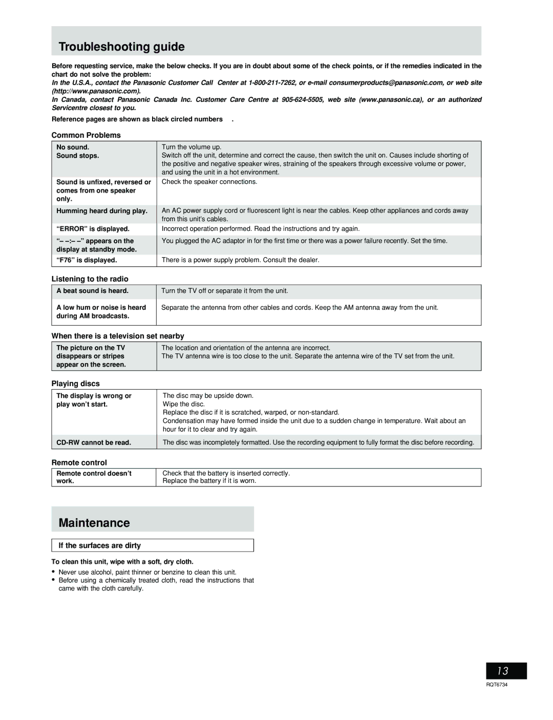 Panasonic SC-EN53 manual Troubleshooting guide, Maintenance 