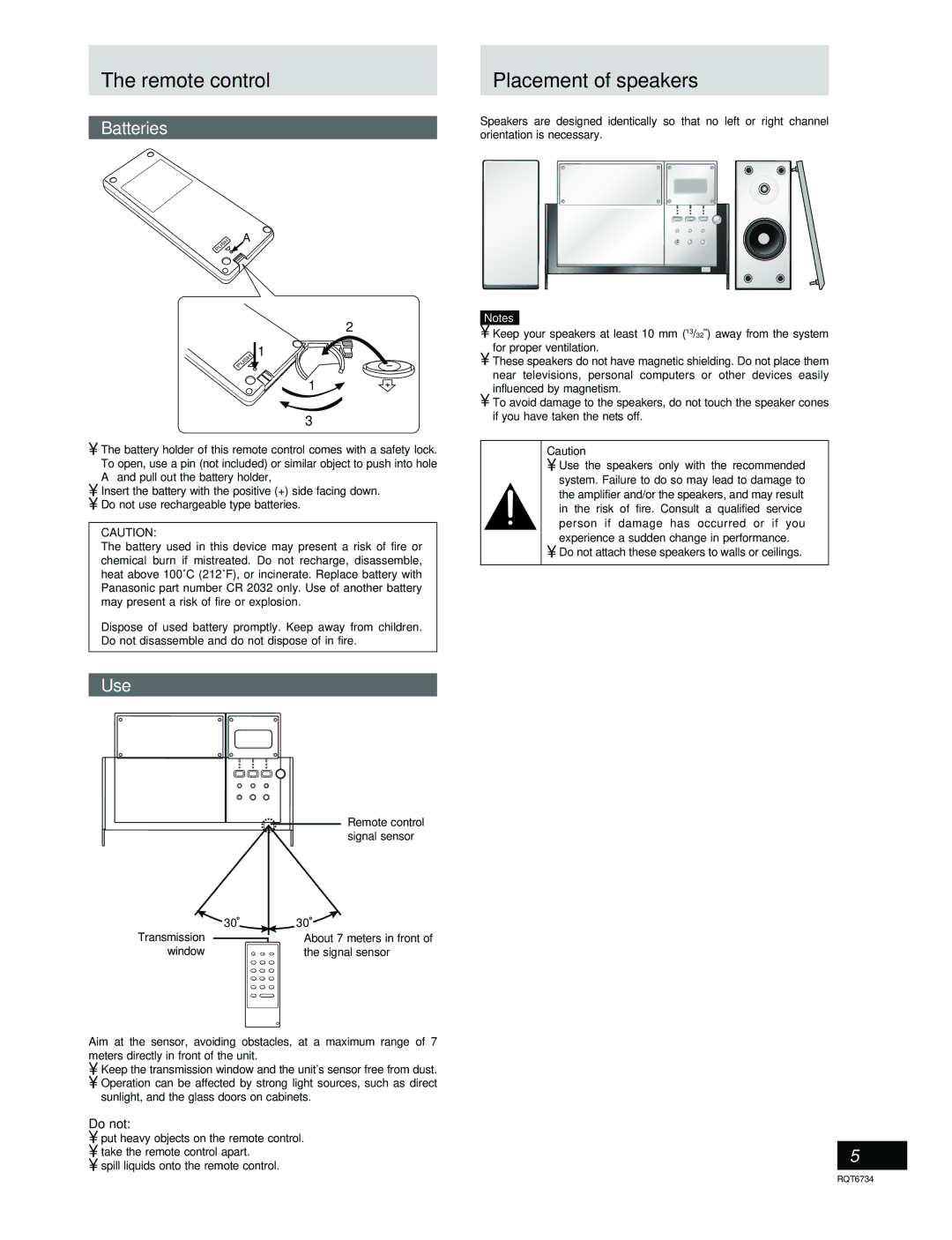 Panasonic SC-EN53 manual Remote control, Batteries, Use, Do not attach these speakers to walls or ceilings 