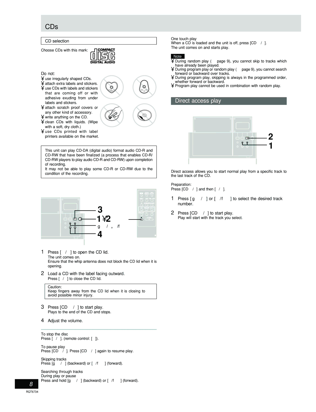 Panasonic SC-EN53 manual CDs, Direct access play 