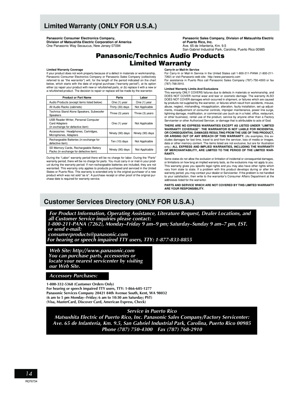 Panasonic SC-EN53 manual Limited Warranty ONLY FOR U.S.A, Panasonic/Technics Audio Products 
