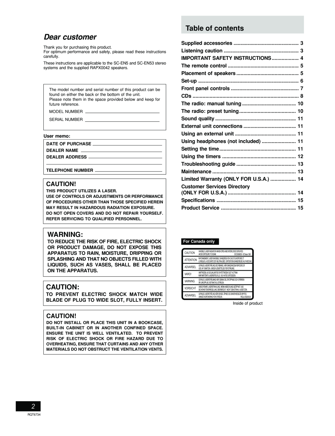 Panasonic SC-EN53 manual Table of contents 