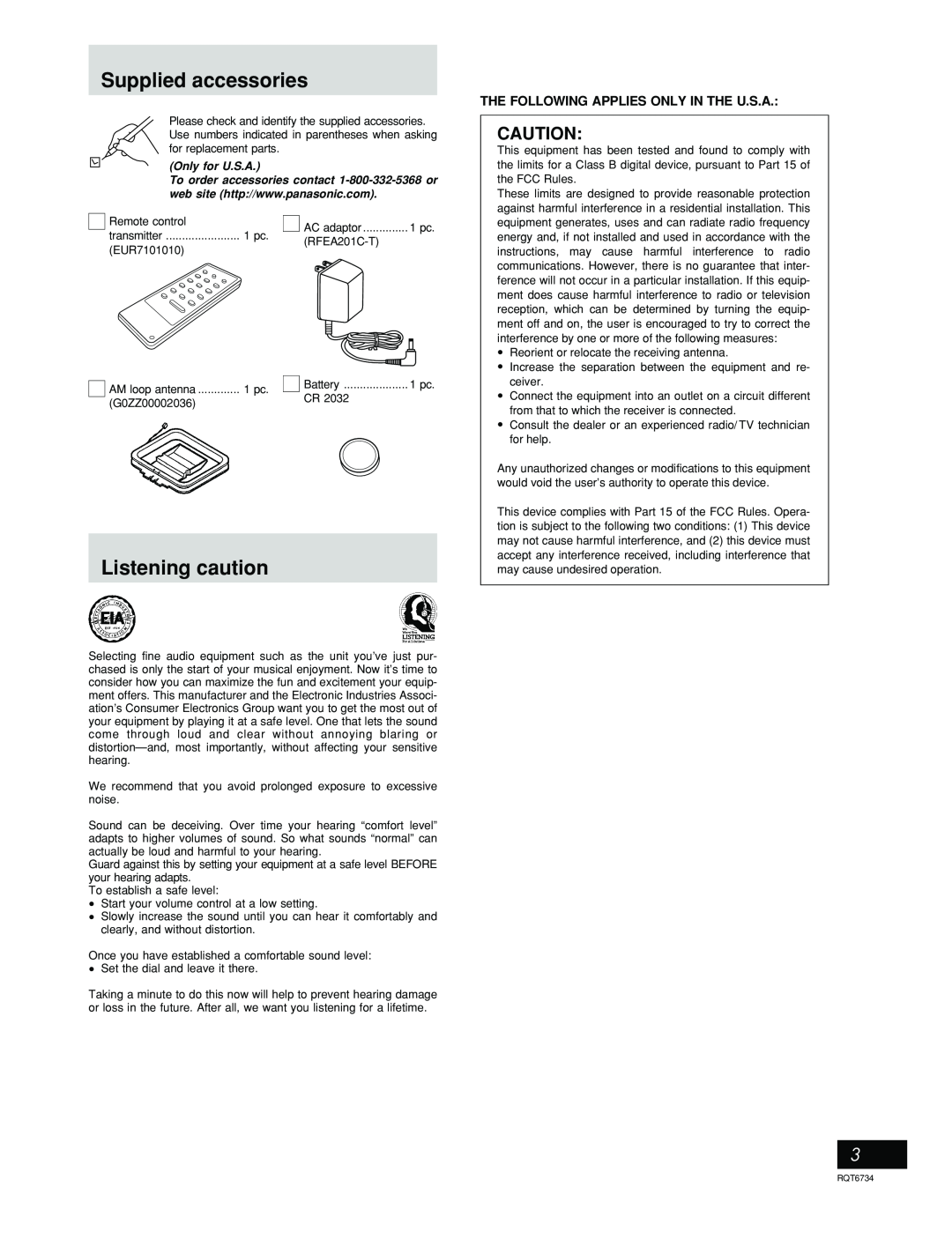 Panasonic SC-EN53 manual Supplied accessories, Listening caution, The Following Applies Only In The U.S.A 