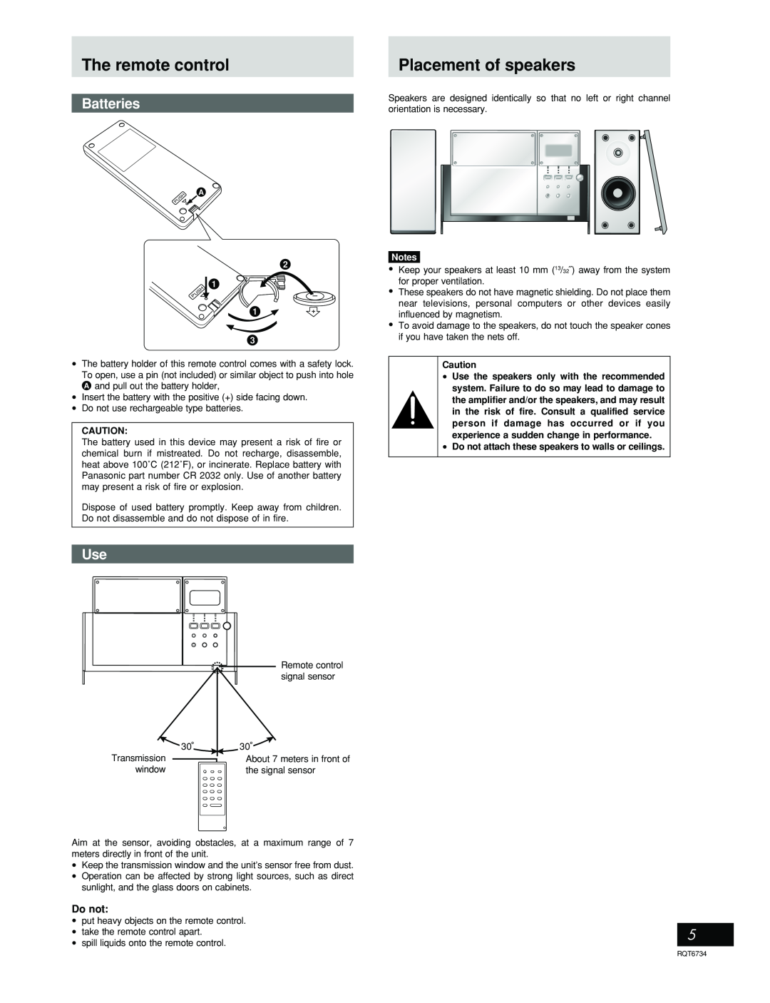 Panasonic SC-EN53 manual The remote control, Batteries, Placement of speakers 