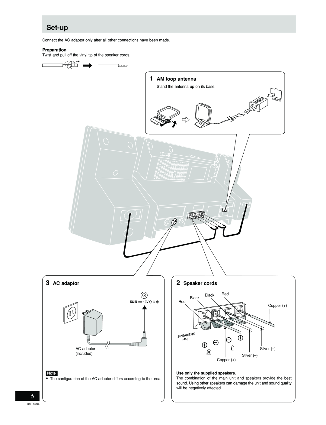 Panasonic SC-EN53 manual Set-up, 1AM loop antenna, AC adaptor, Speaker cords 