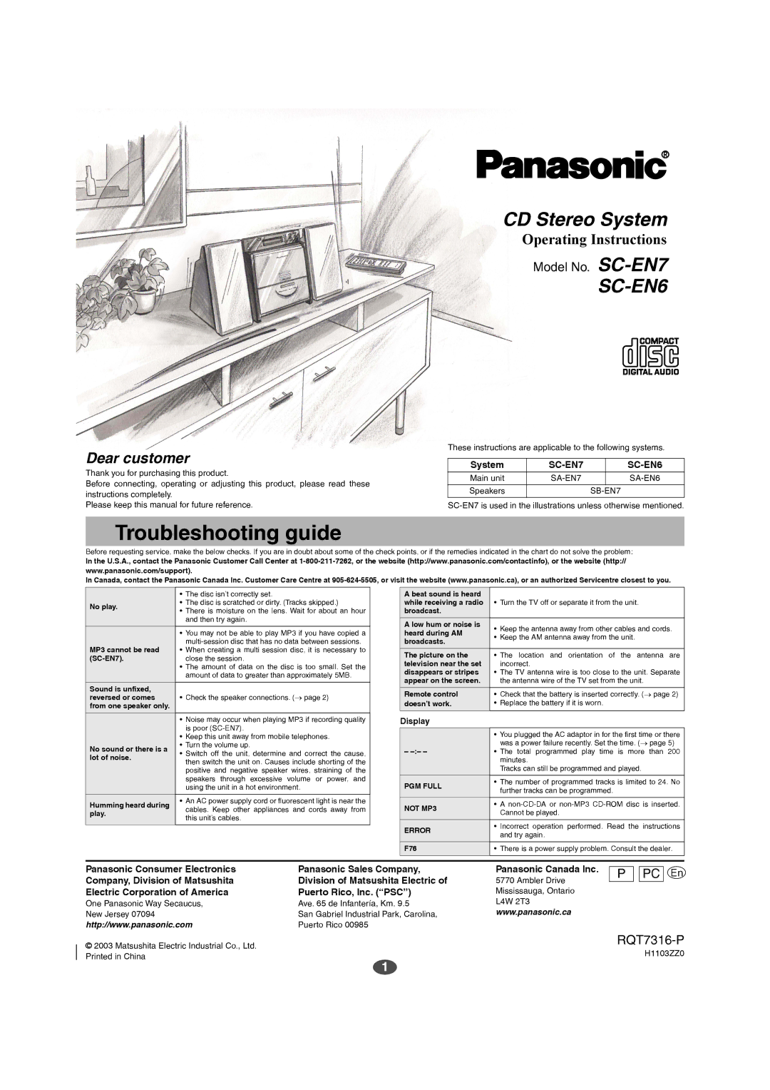 Panasonic manual Troubleshooting guide, System, SC-EN7 SC-EN6, Electric Corporation of America Puerto Rico, Inc. PSC 