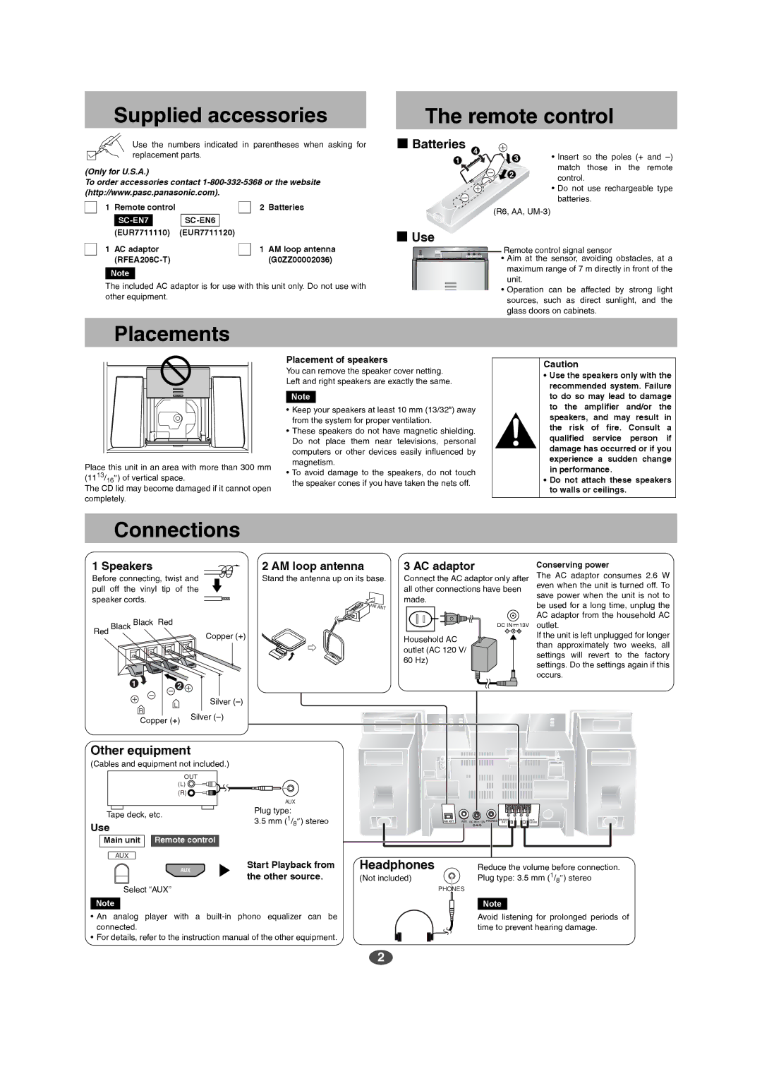 Panasonic SC-EN7, SC-EN6 manual Supplied accessories Remote control, Placements, Connections 