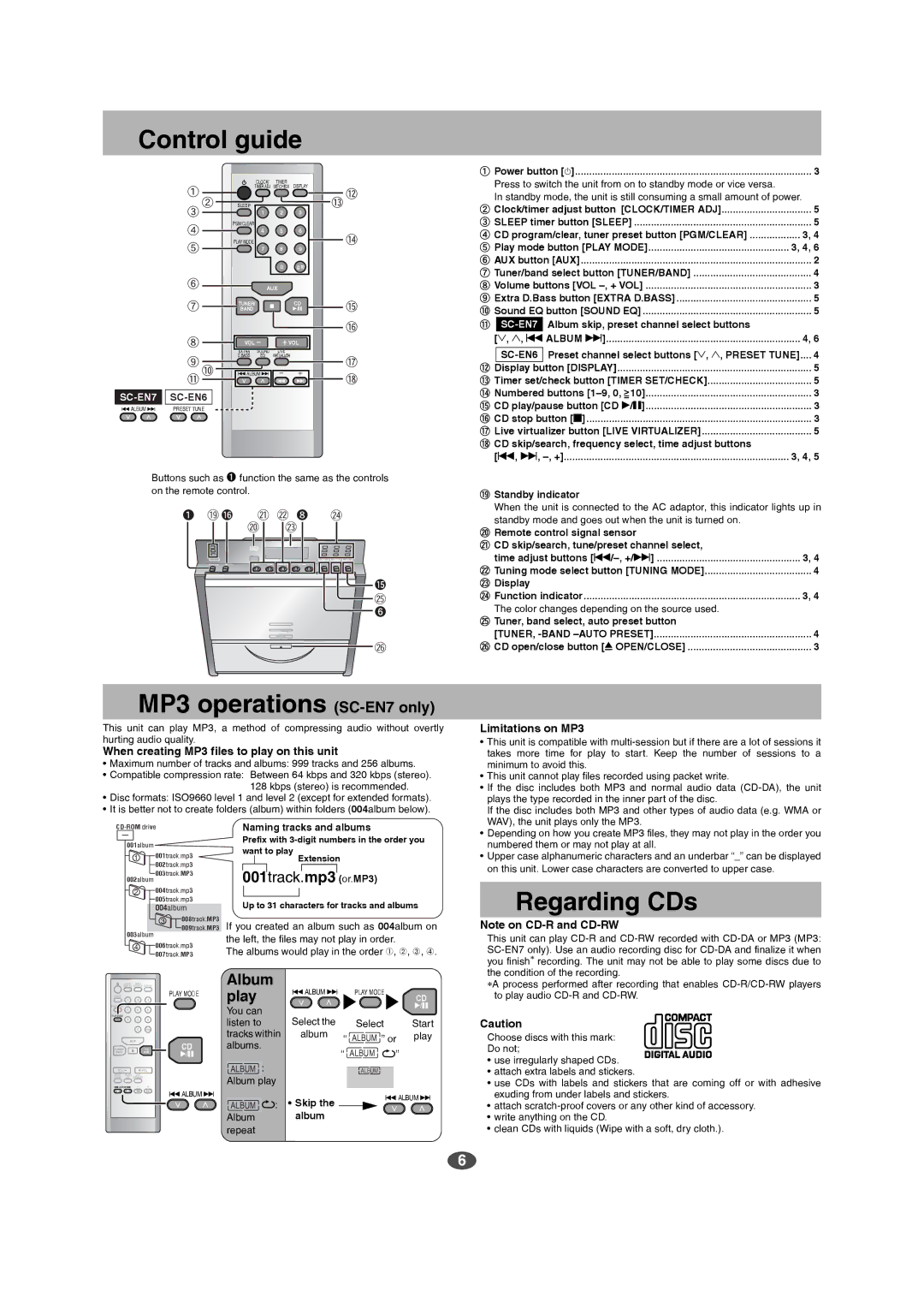 Panasonic SC-EN6 manual Control guide, MP3 operations SC-EN7 only, Regarding CDs, 001track.mp3 or.MP3, Album 