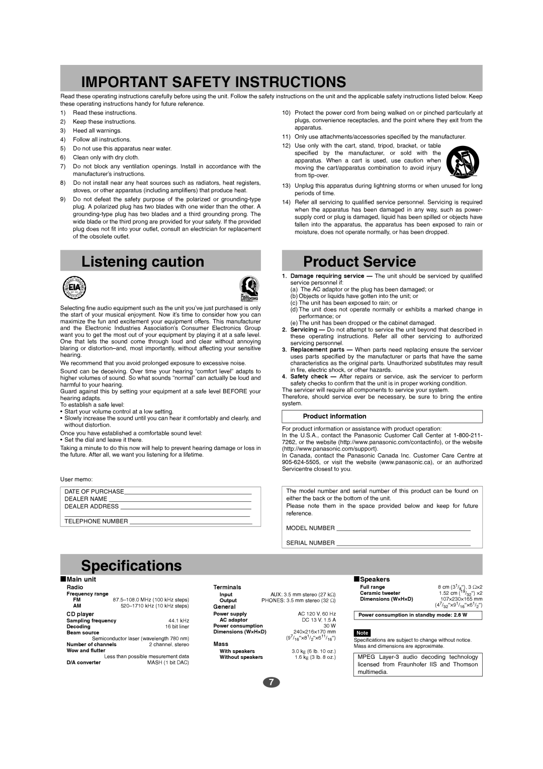 Panasonic SC-EN6, SC-EN7 manual Listening caution, Product Service, Specifications 