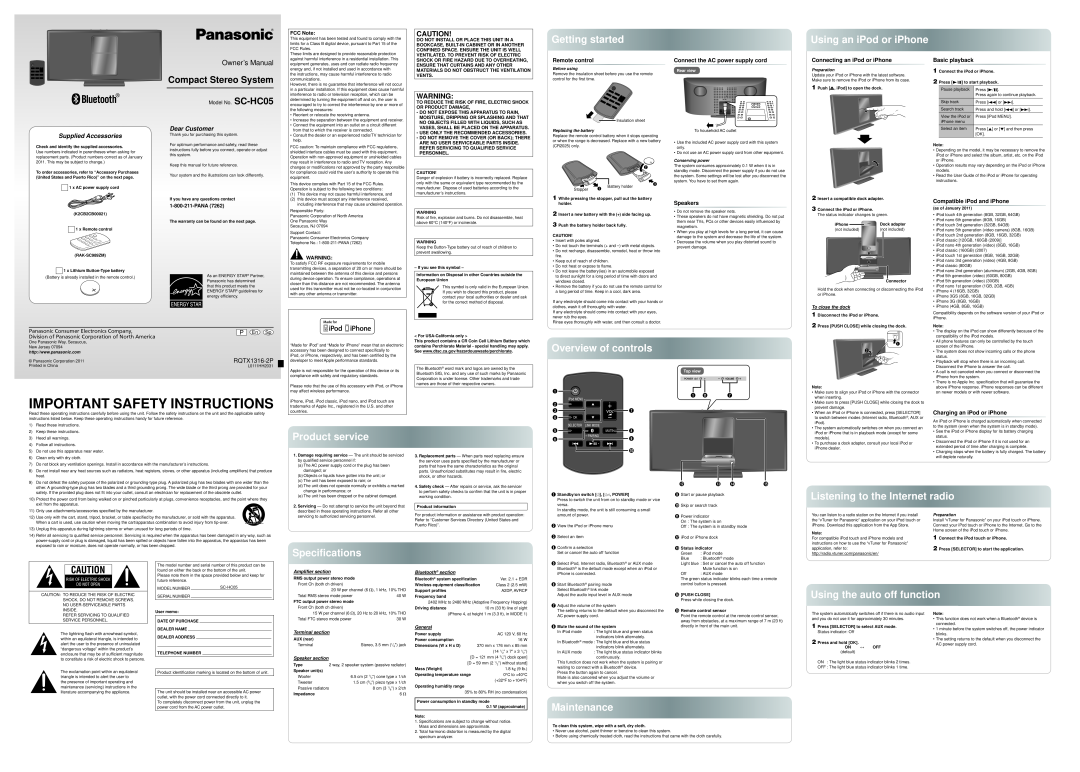 Panasonic SC-HC05 specifications Getting started, Using an iPod or iPhone, Overview of controls, Product service, FCC Note 