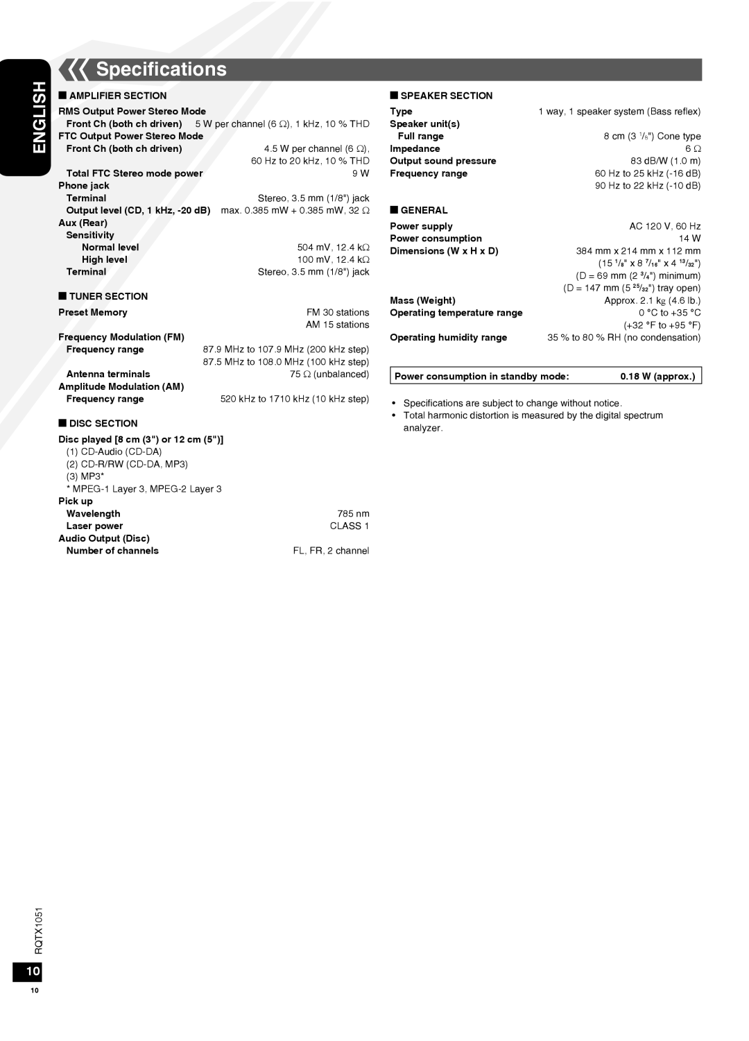 Panasonic SC-HC20 warranty Speciﬁcations 