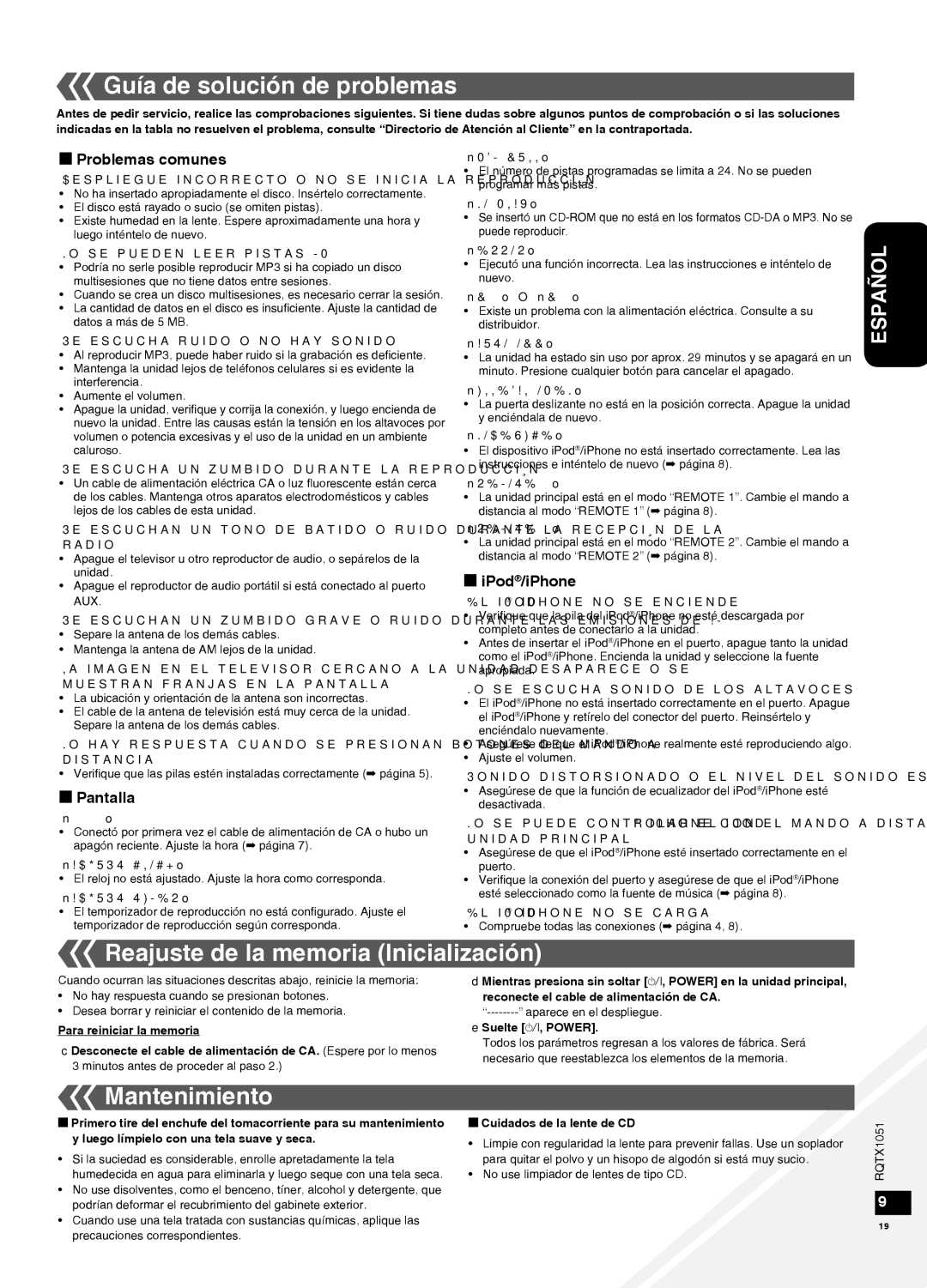 Panasonic SC-HC20 warranty Guía de solución de problemas, Reajuste de la memoria Inicialización, Mantenimiento 