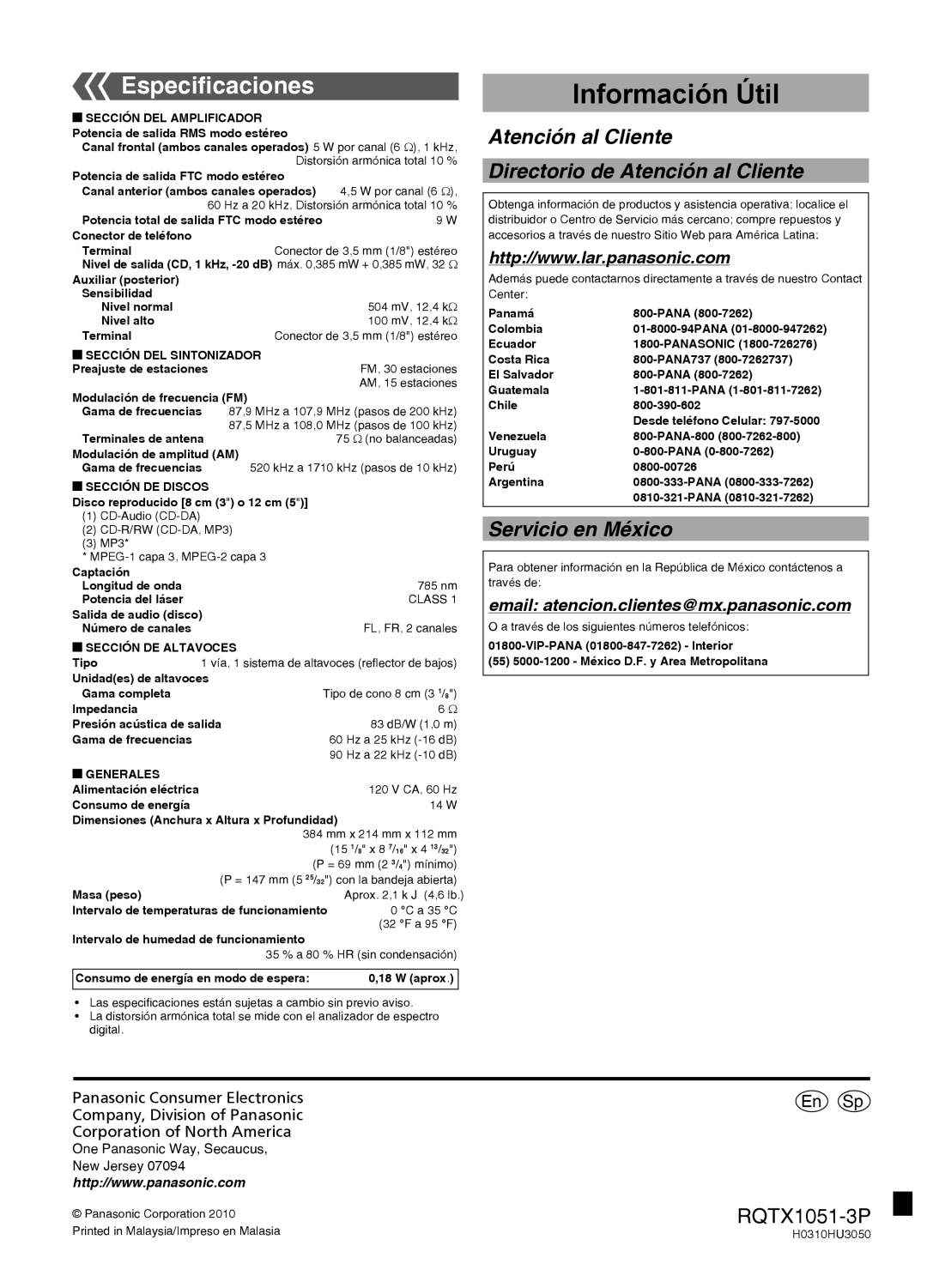 Panasonic SC-HC20 warranty Especiﬁcaciones, Captación Longitud de onda 785 nm Potencia del láser, Masa peso 