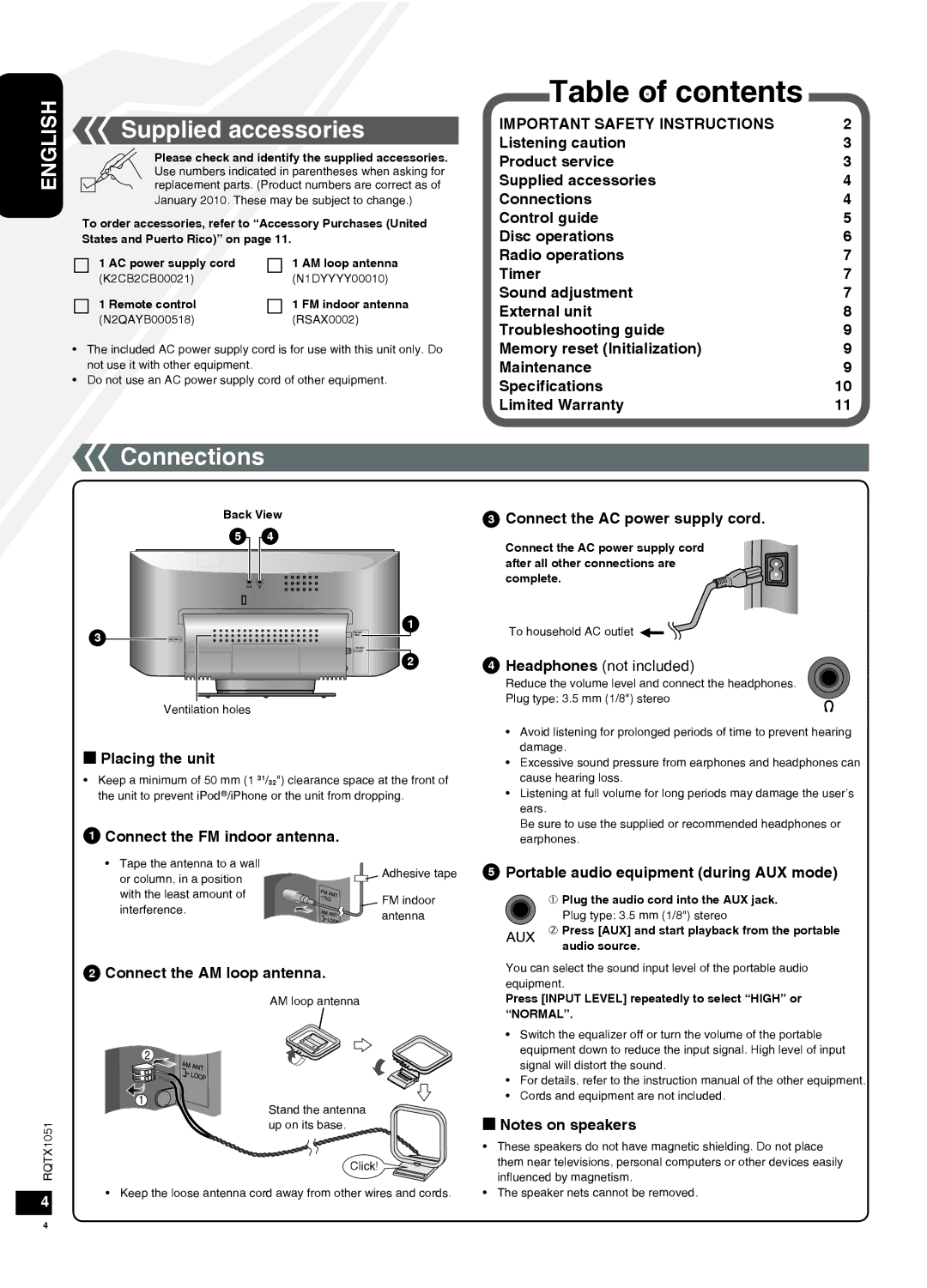 Panasonic SC-HC20 warranty Table of contents 