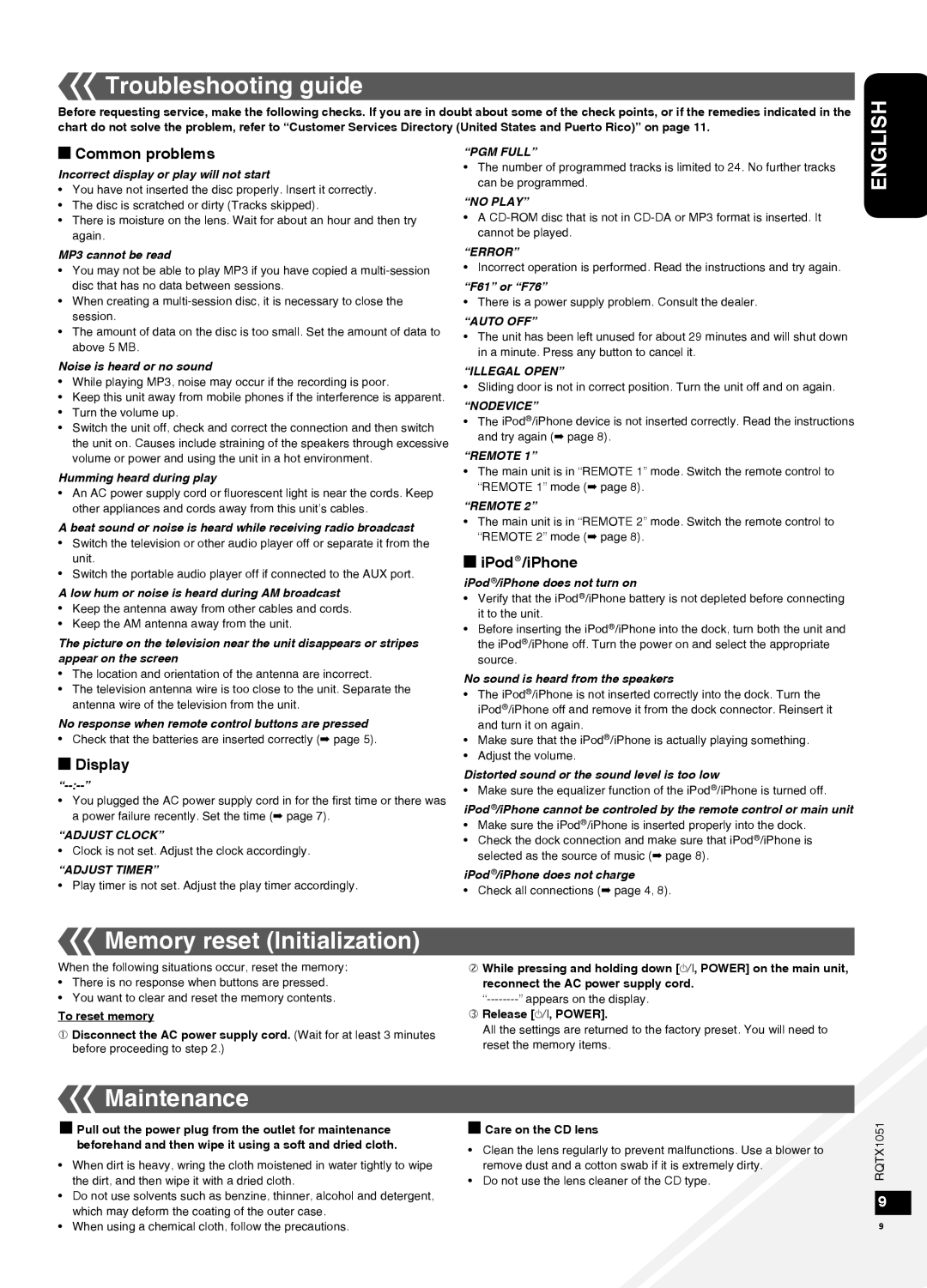 Panasonic SC-HC20 warranty Troubleshooting guide, Memory reset Initialization, Maintenance 