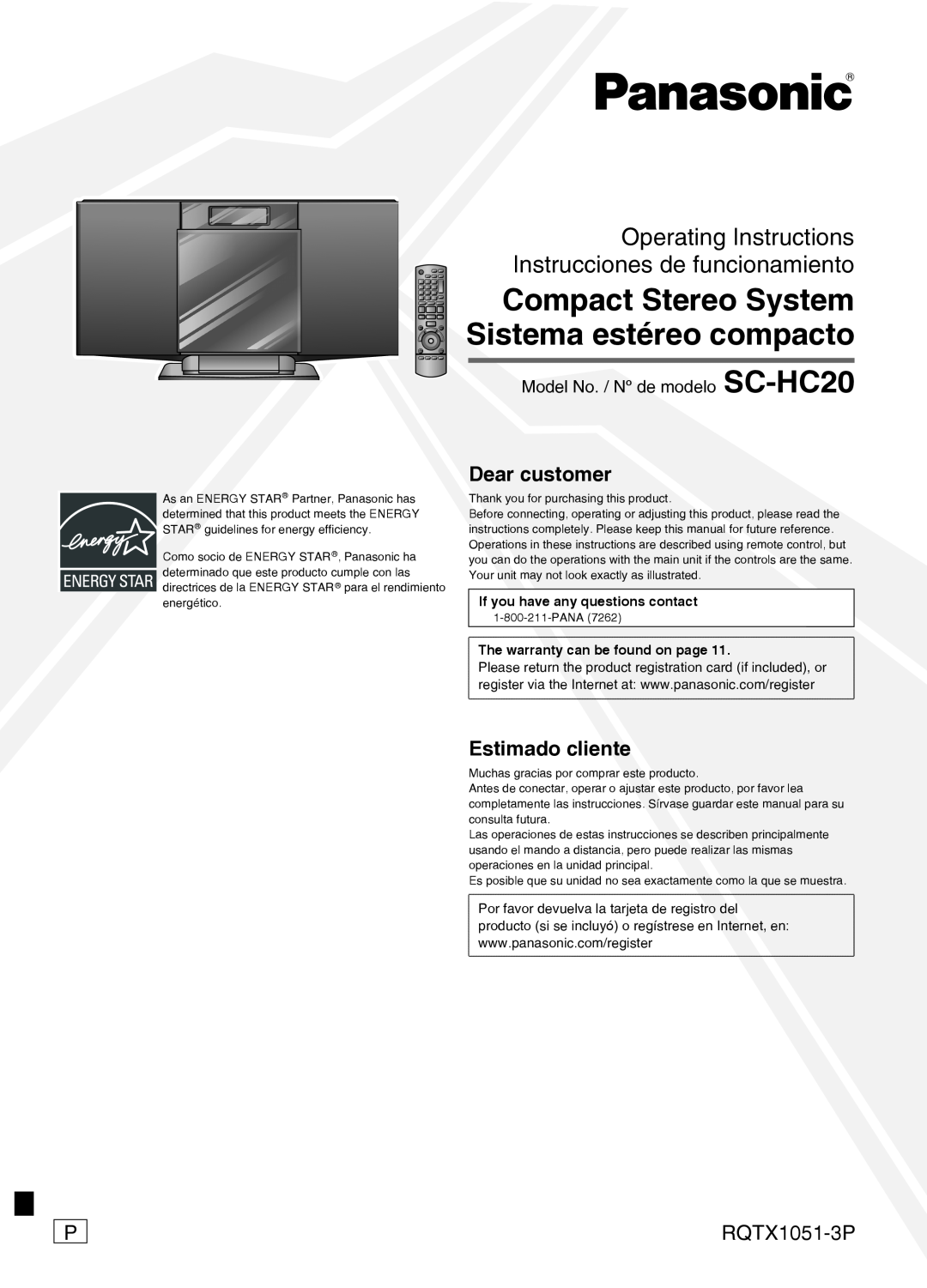 Panasonic SC-HC20 warranty Compact Stereo System Sistema estéreo compacto, RQTX1051-3P, Model No. / Nº de modelo 