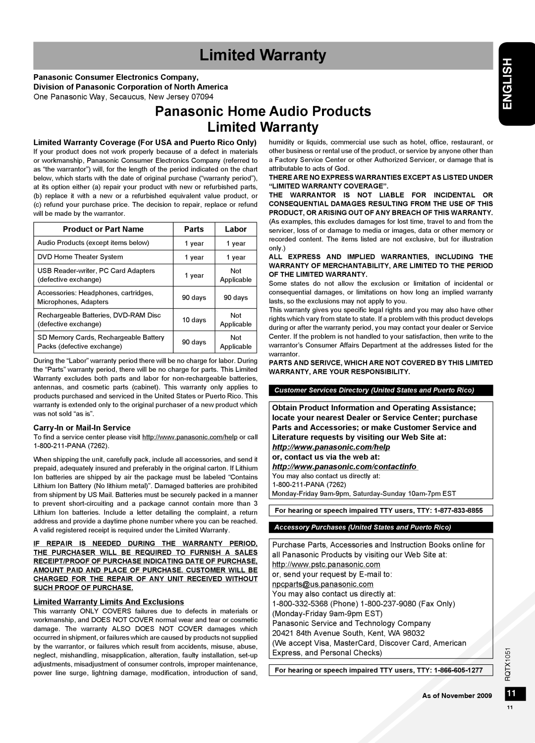 Panasonic SC-HC20 Limited Warranty, Panasonic Consumer Electronics Company, Product or Part Name, Parts, Labor, English 