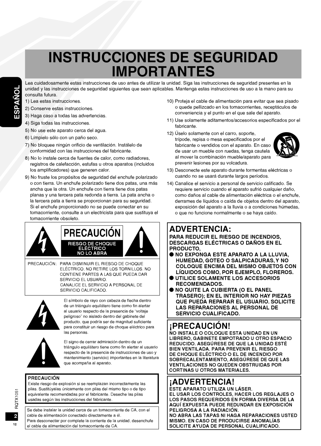 Panasonic SC-HC20 Instrucciones De Seguridad Importantes, Precaución, Español, Riesgo De Choque Eléctrico No Lo Abra 