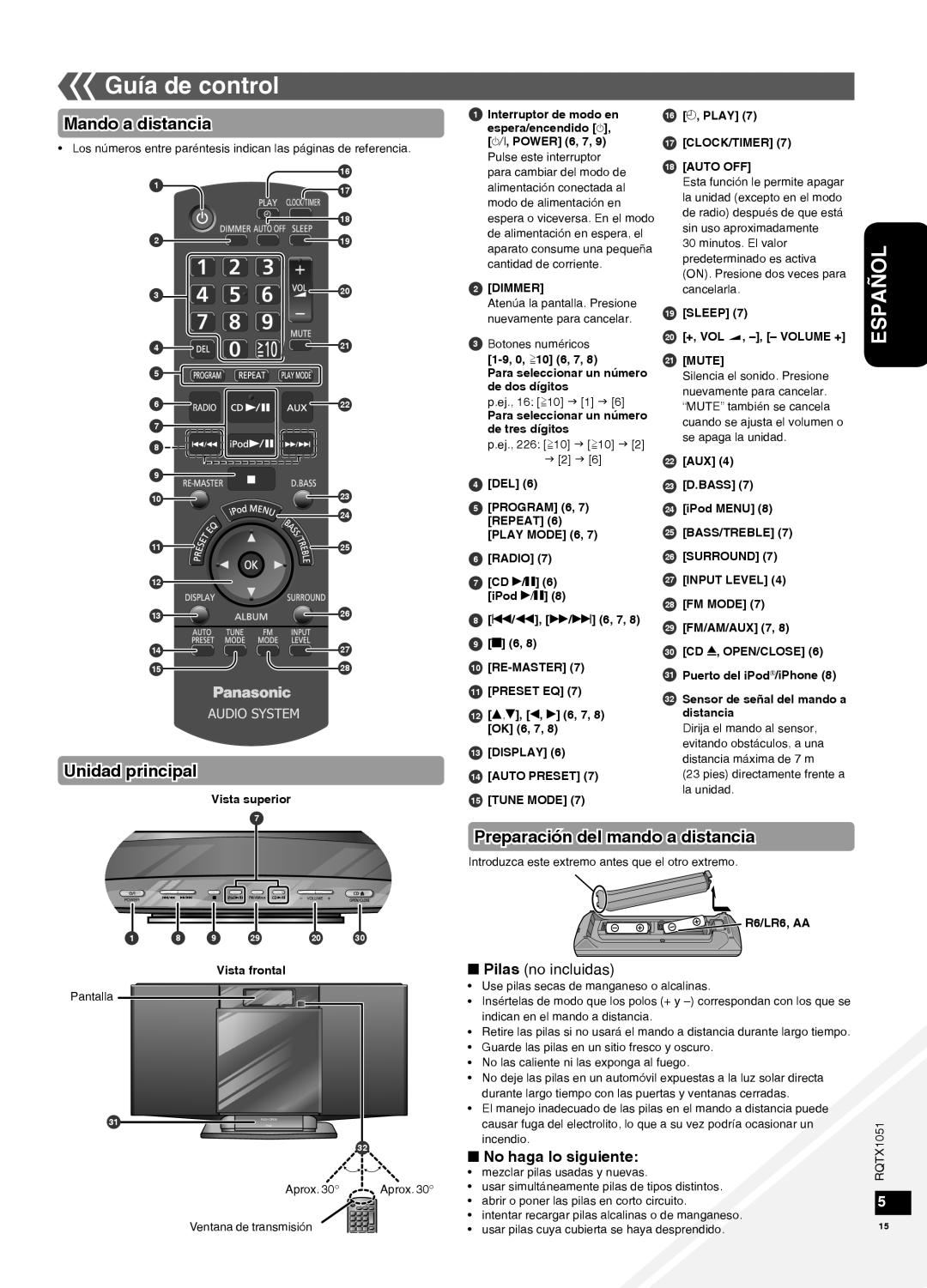 Panasonic SC-HC20 warranty Guía de control, Mando a distancia, Unidad principal, Preparación del mando a distancia, Español 