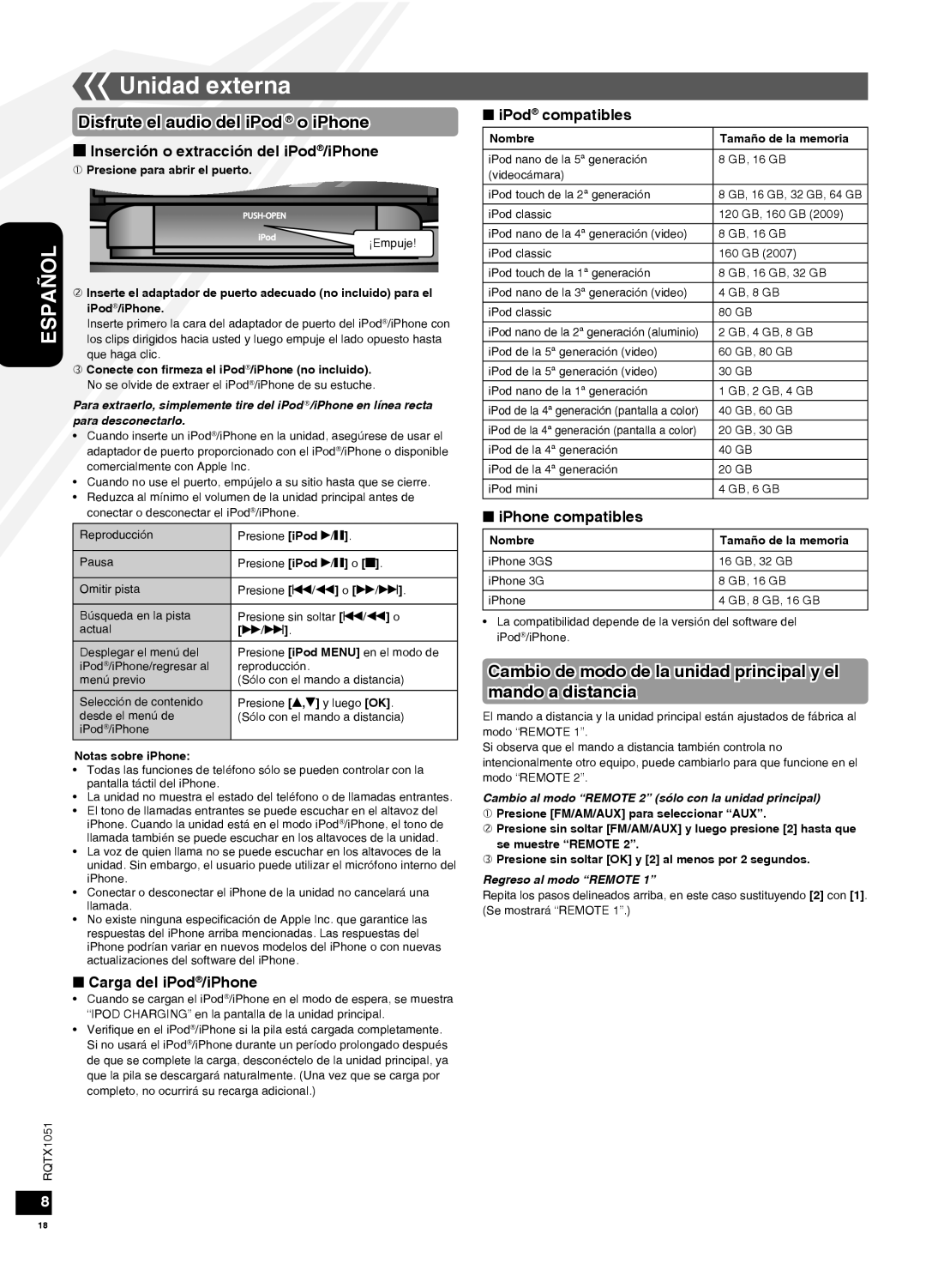 Panasonic SC-HC20 Unidad externa, Disfrute el audio deliPod o iPhone, g Inserción o extracción del iPod/iPhone, Español 