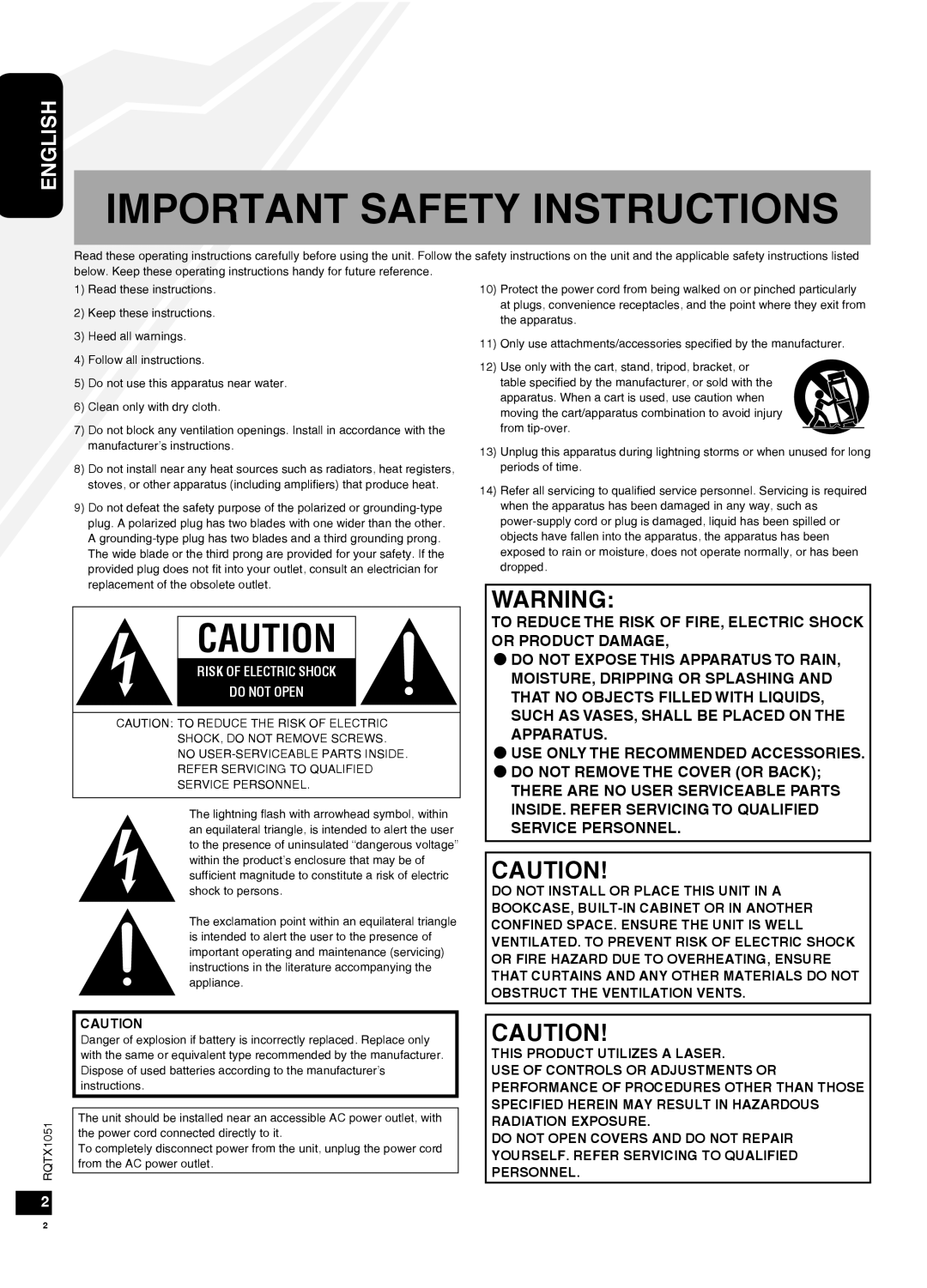 Panasonic SC-HC20 warranty Important Safety Instructions, English, Use Only The Recommended Accessories 
