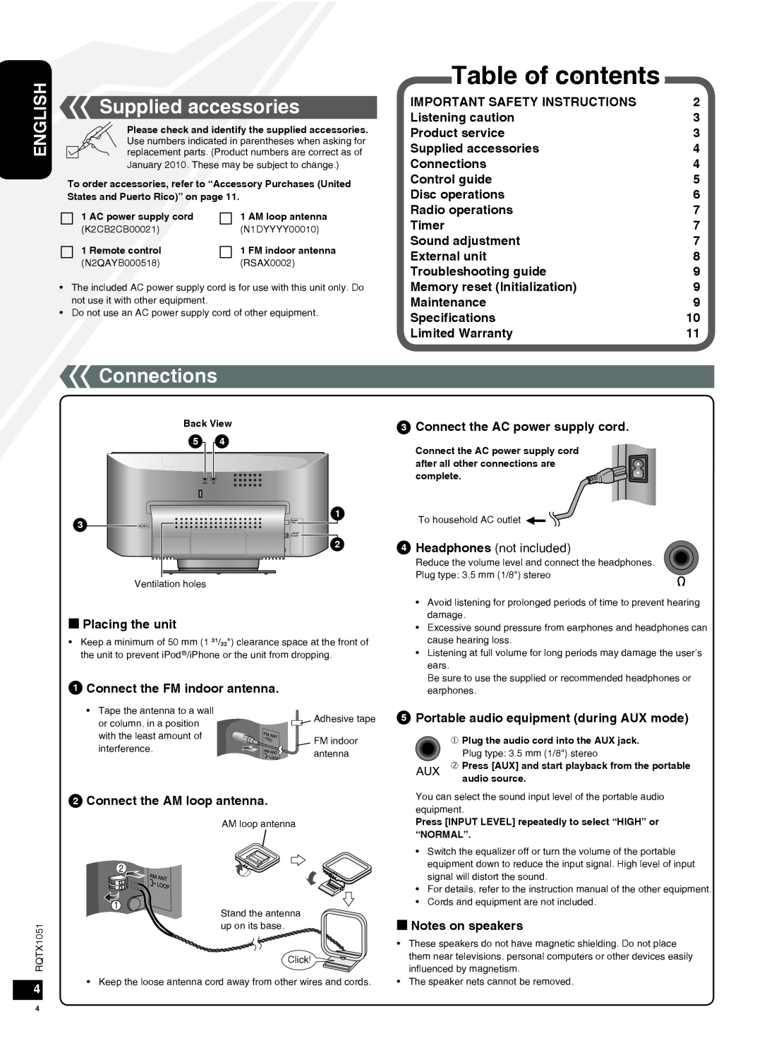 Panasonic SC-HC20 Table of contents, Supplied accessories, Connections, Important Safety Instructions, Listening caution 