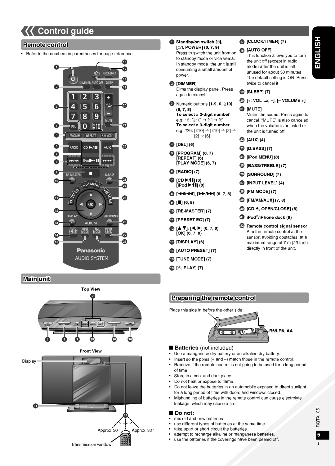 Panasonic SC-HC20 Control guide, Remote control, Main unit, Preparing the remote control, Batteries not included, Do not 