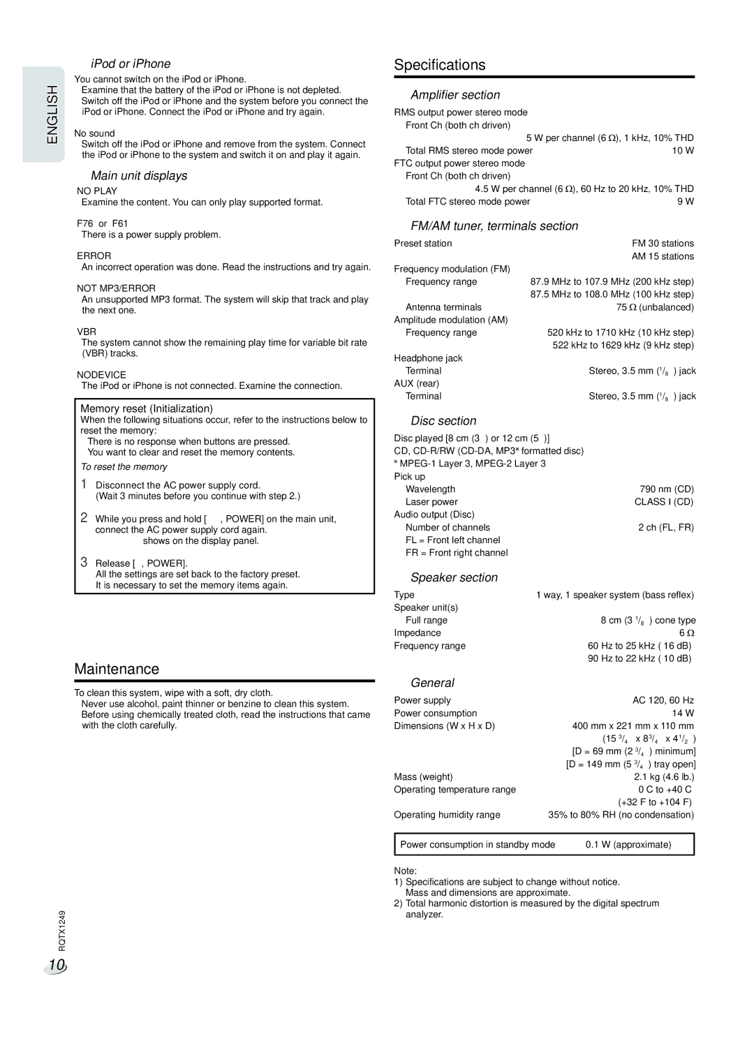 Panasonic SC-HC25 owner manual Maintenance, Specifications, To reset the memory 