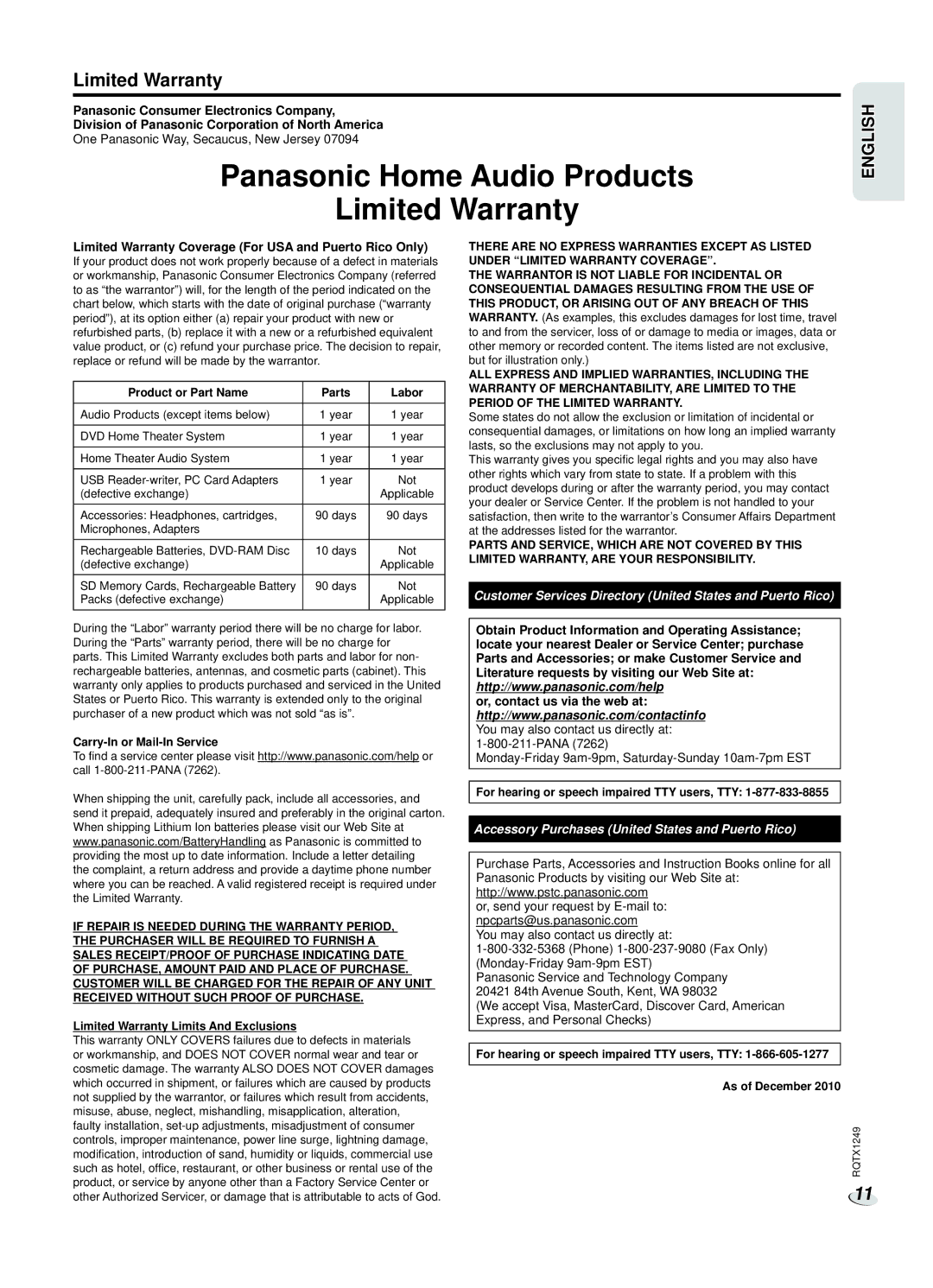 Panasonic SC-HC25 owner manual Limited Warranty, Product or Part Name Parts Labor, Carry-In or Mail-In Service 