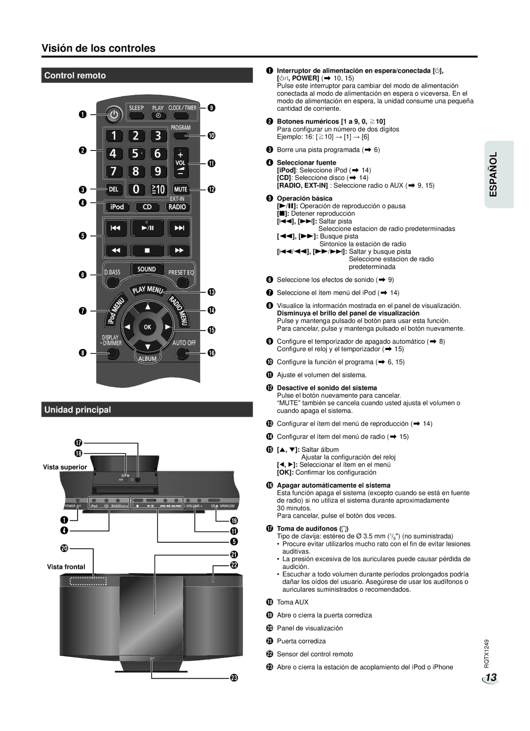 Panasonic SC-HC25 owner manual Control remoto, Unidad principal 