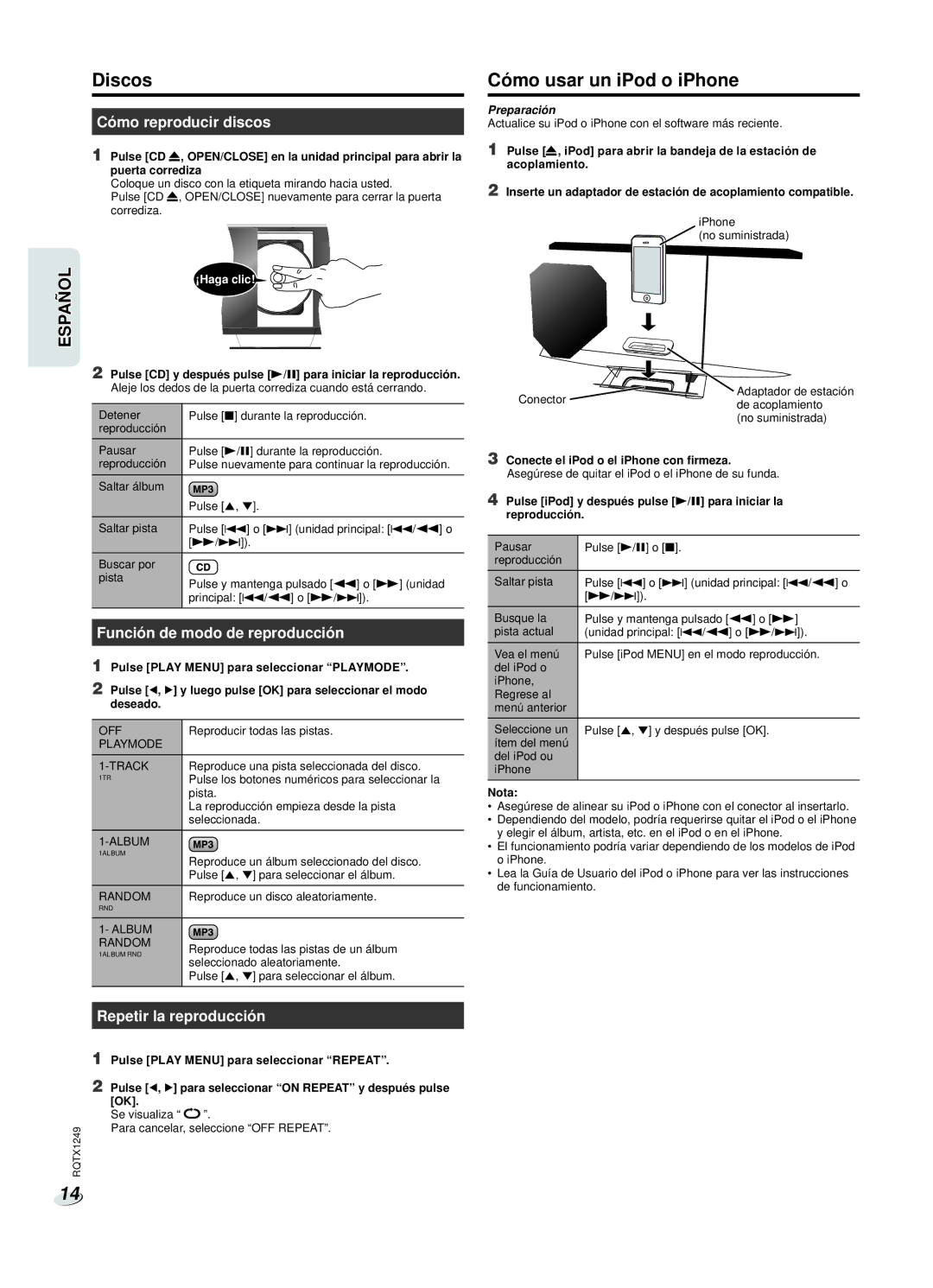 Panasonic SC-HC25 owner manual Discos, Cómo usar un iPod o iPhone, Cómo reproducir discos, Función de modo de reproducción 